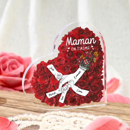 À ma Maman/Mamie-Plaque Acrylique Rose avec 5 Prénoms et 2 Textes Personnalisés Décoration la main dans la main | Jessemade