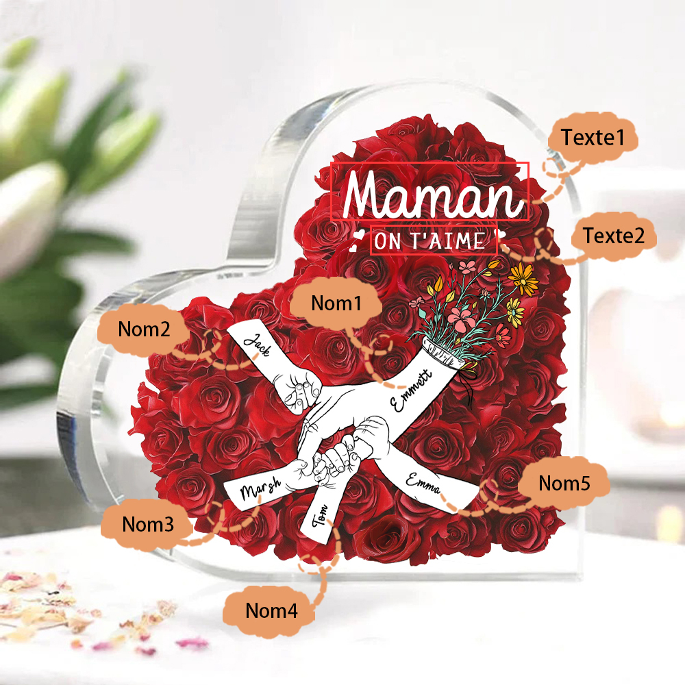 À ma Maman/Mamie-Plaque Acrylique Rose avec 5 Prénoms et 2 Textes Personnalisés Décoration la main dans la main | Jessemade