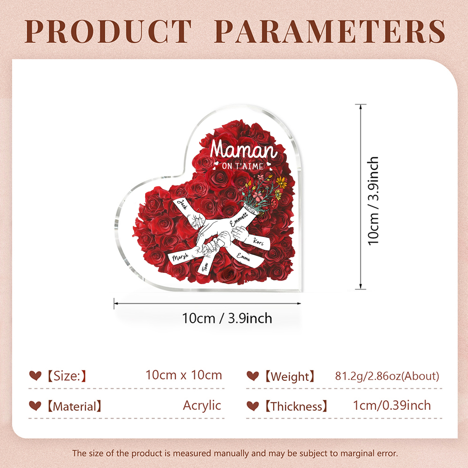 À ma Maman/Mamie-Plaque Acrylique Rose avec 6 Prénoms et 2 Textes Personnalisés Décoration la main dans la main | Jessemade