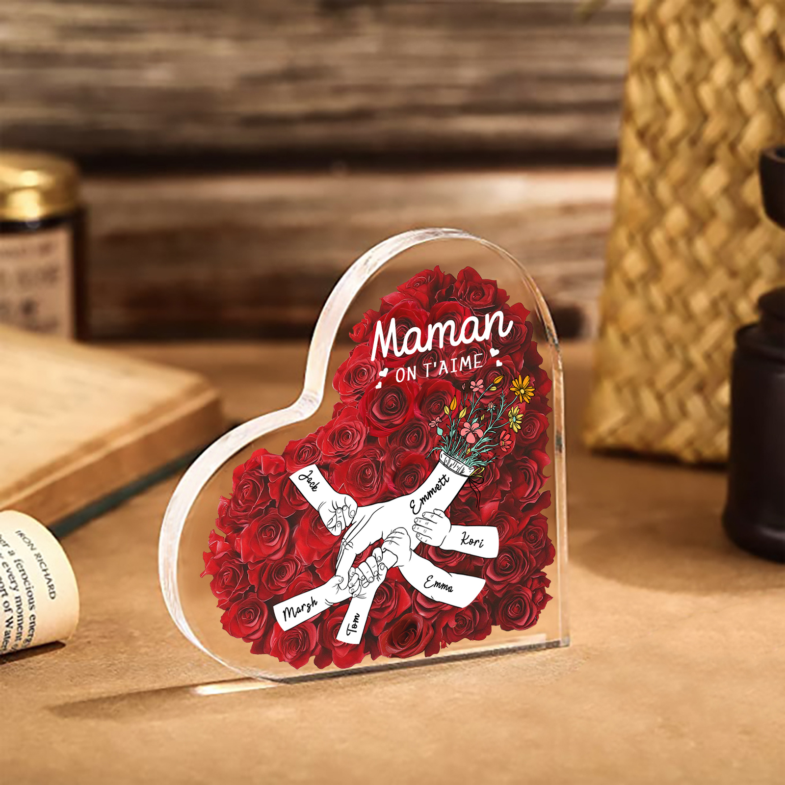 À ma Maman/Mamie-Plaque Acrylique Rose avec 6 Prénoms et 2 Textes Personnalisés Décoration la main dans la main | Jessemade