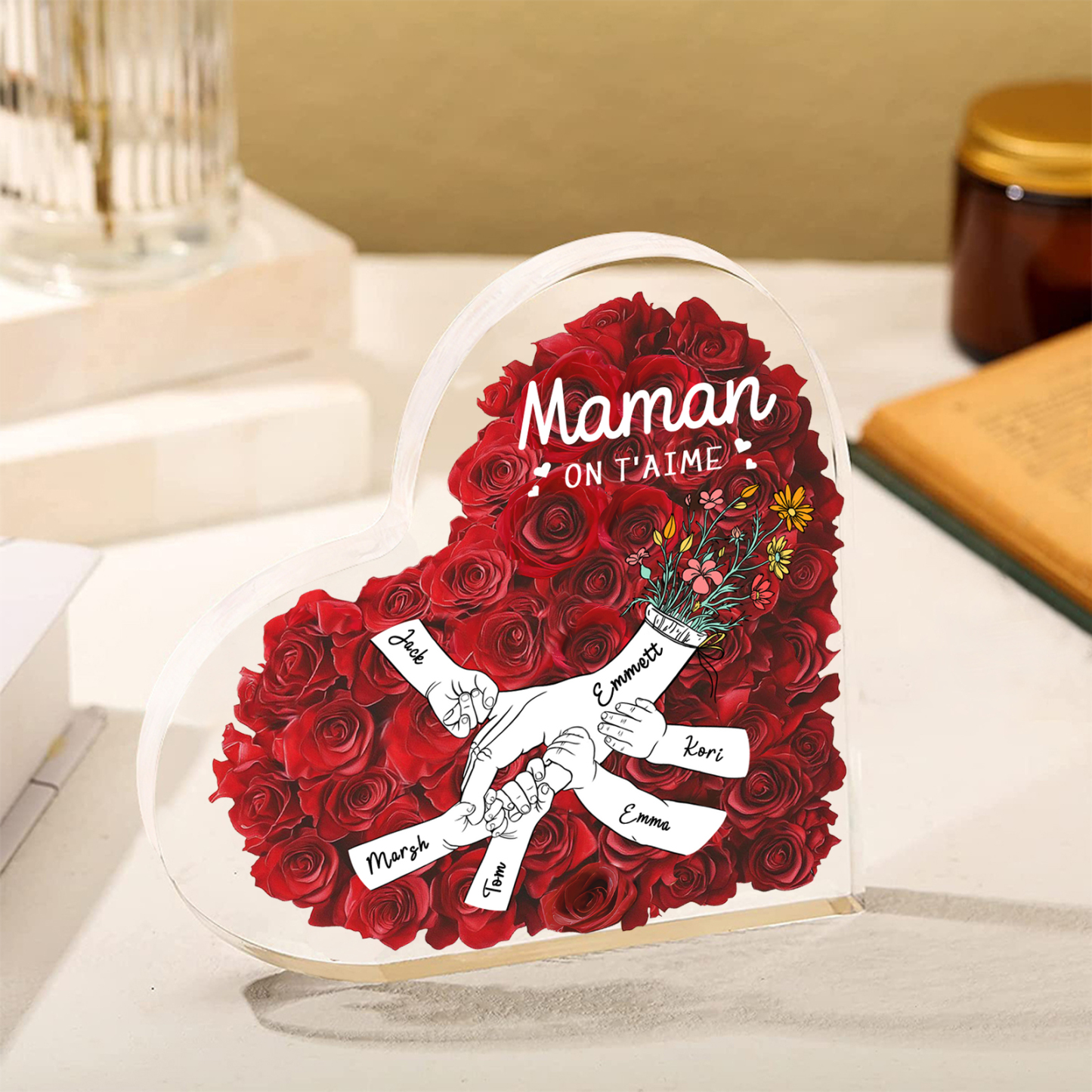 À ma Maman/Mamie-Plaque Acrylique Rose avec 6 Prénoms et 2 Textes Personnalisés Décoration la main dans la main | Jessemade