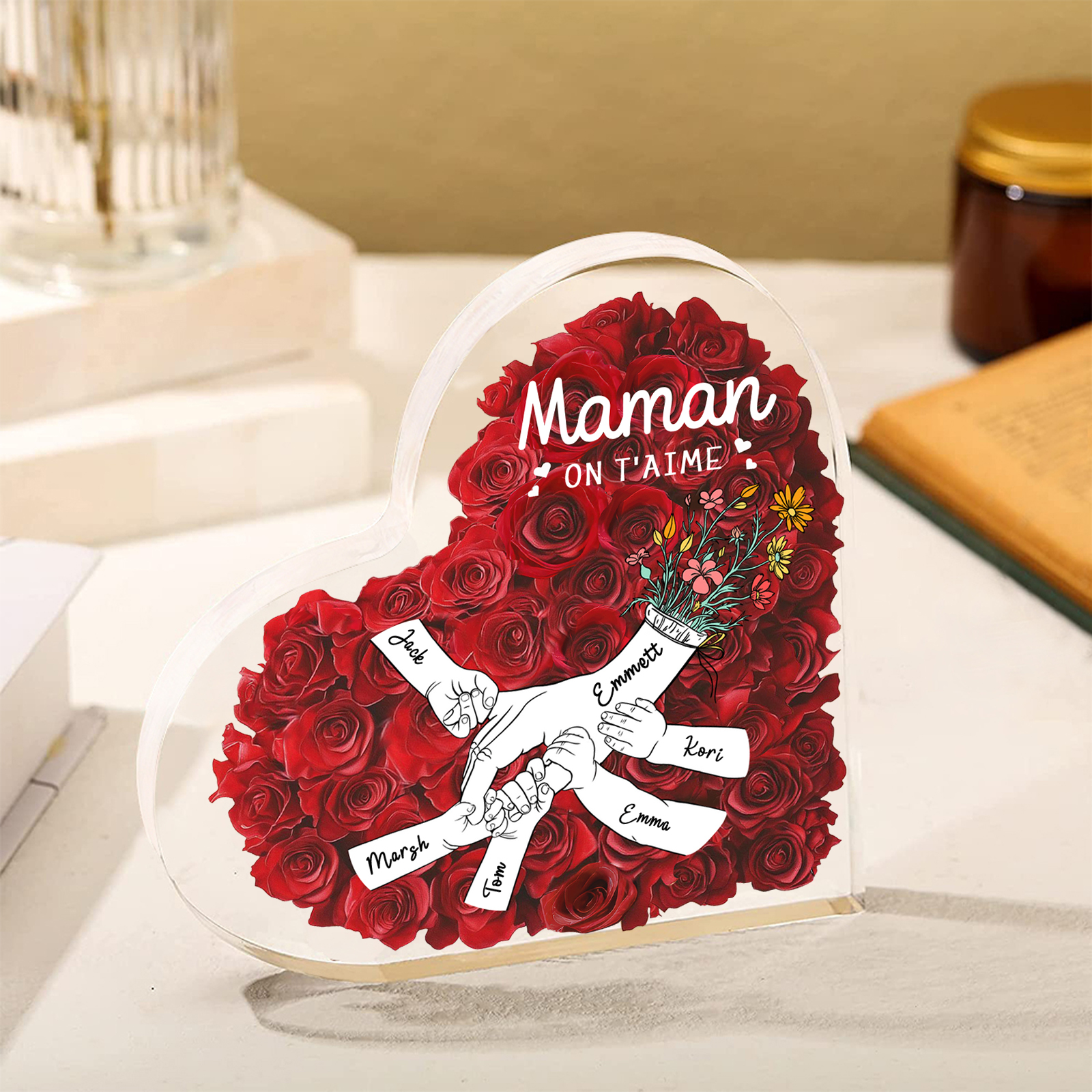 À ma Maman/Mamie-Plaque Acrylique Rose avec 6 Prénoms et 2 Textes Personnalisés Décoration la main dans la main | Jessemade