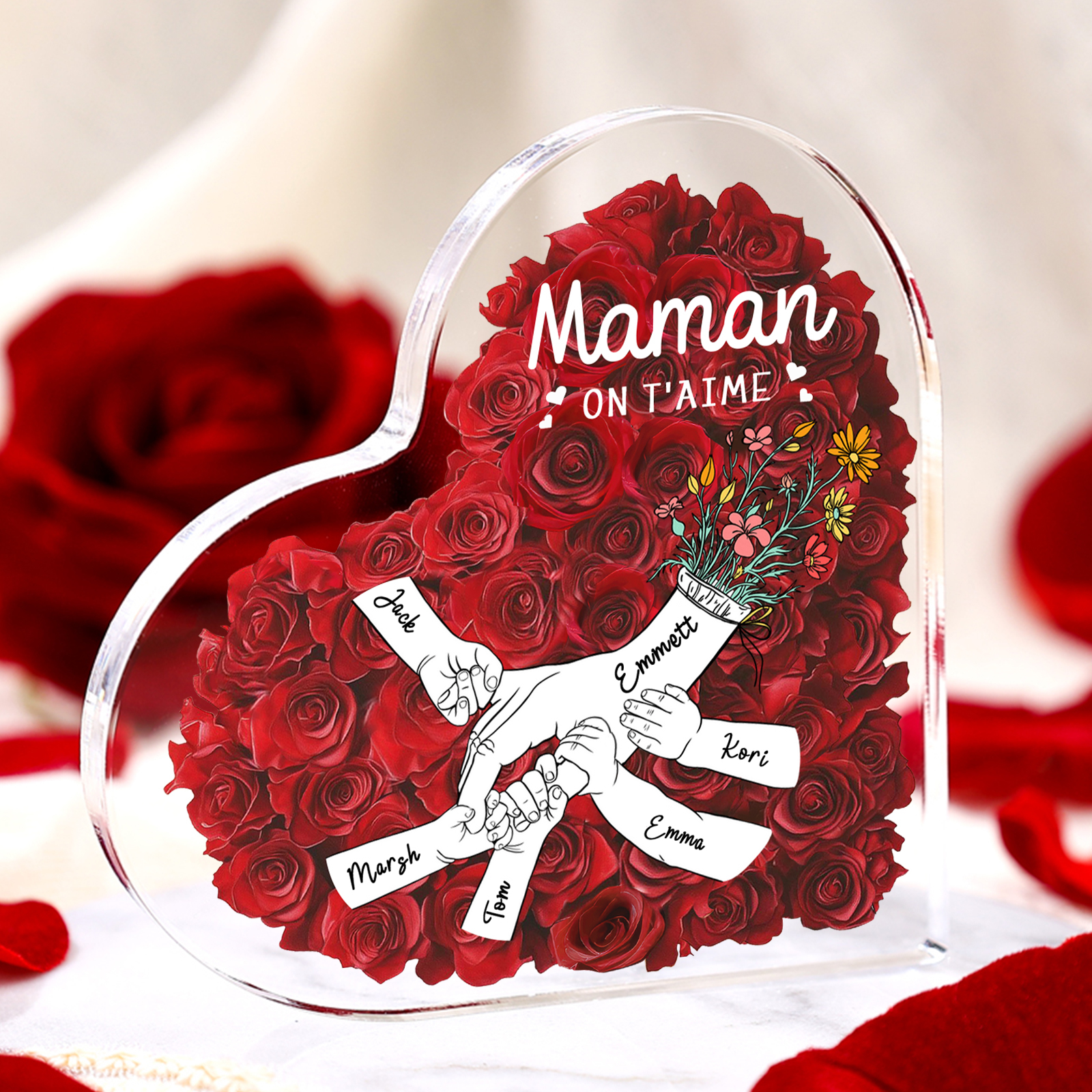 À ma Maman/Mamie-Plaque Acrylique Rose avec 6 Prénoms et 2 Textes Personnalisés Décoration la main dans la main | Jessemade