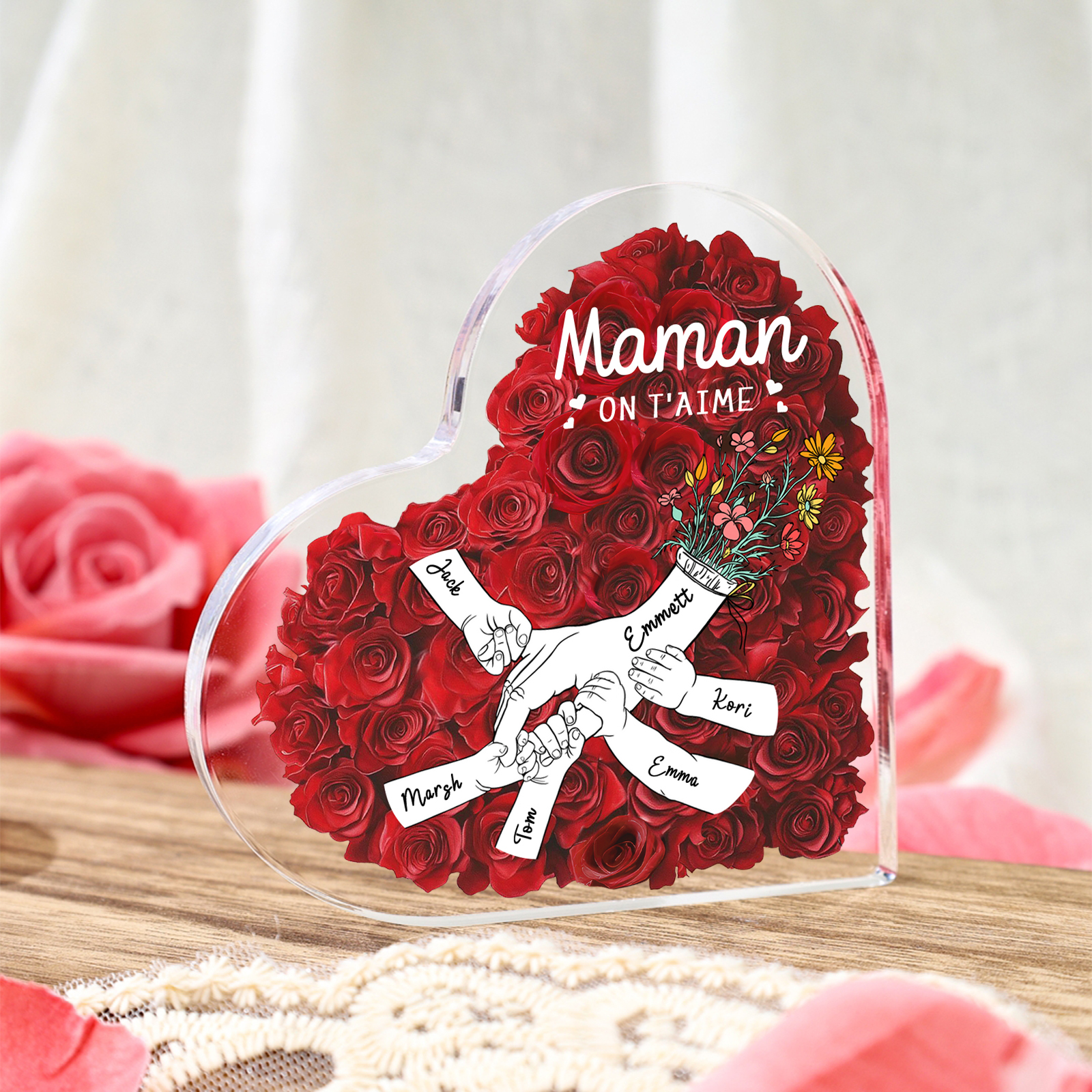 À ma Maman/Mamie-Plaque Acrylique Rose avec 6 Prénoms et 2 Textes Personnalisés Décoration la main dans la main | Jessemade