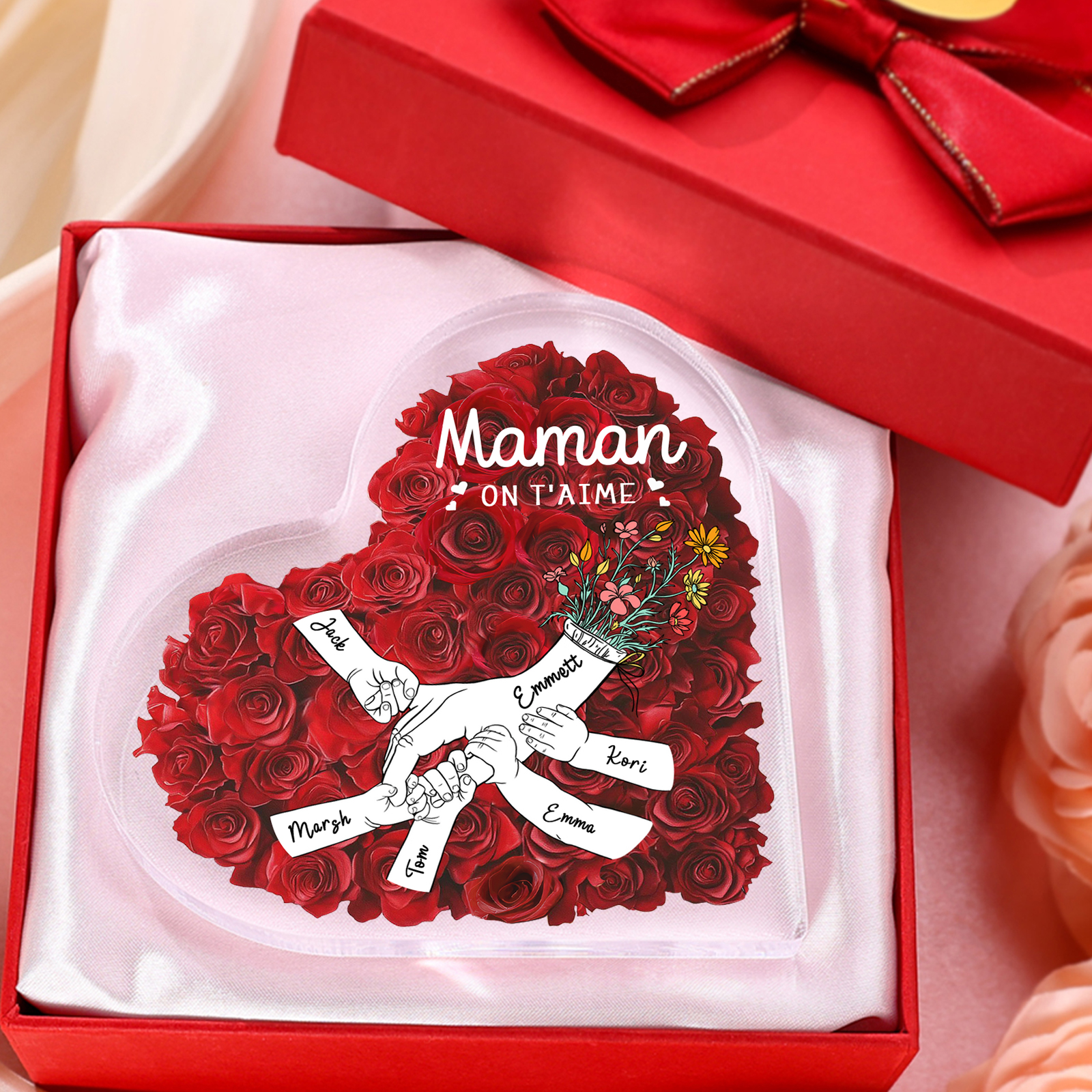 À ma Maman/Mamie-Plaque Acrylique Rose avec 6 Prénoms et 2 Textes Personnalisés Décoration la main dans la main | Jessemade