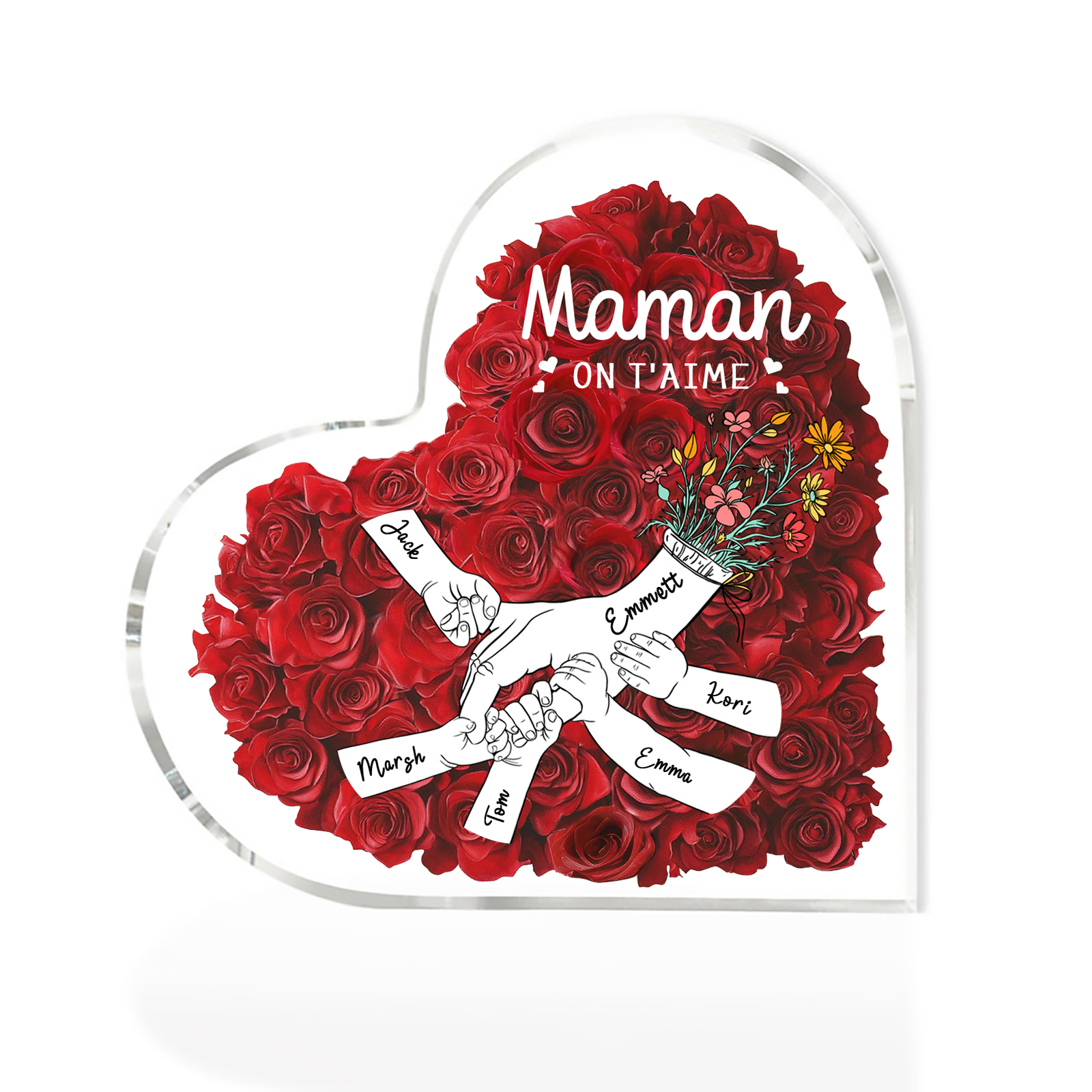 À ma Maman/Mamie-Plaque Acrylique Rose avec 6 Prénoms et 2 Textes Personnalisés Décoration la main dans la main | Jessemade