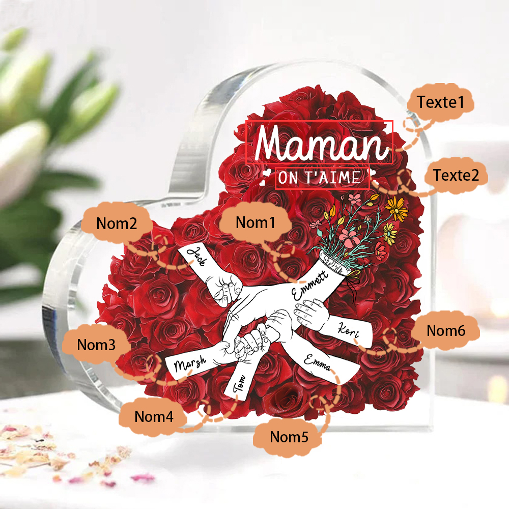 À ma Maman/Mamie-Plaque Acrylique Rose avec 6 Prénoms et 2 Textes Personnalisés Décoration la main dans la main | Jessemade