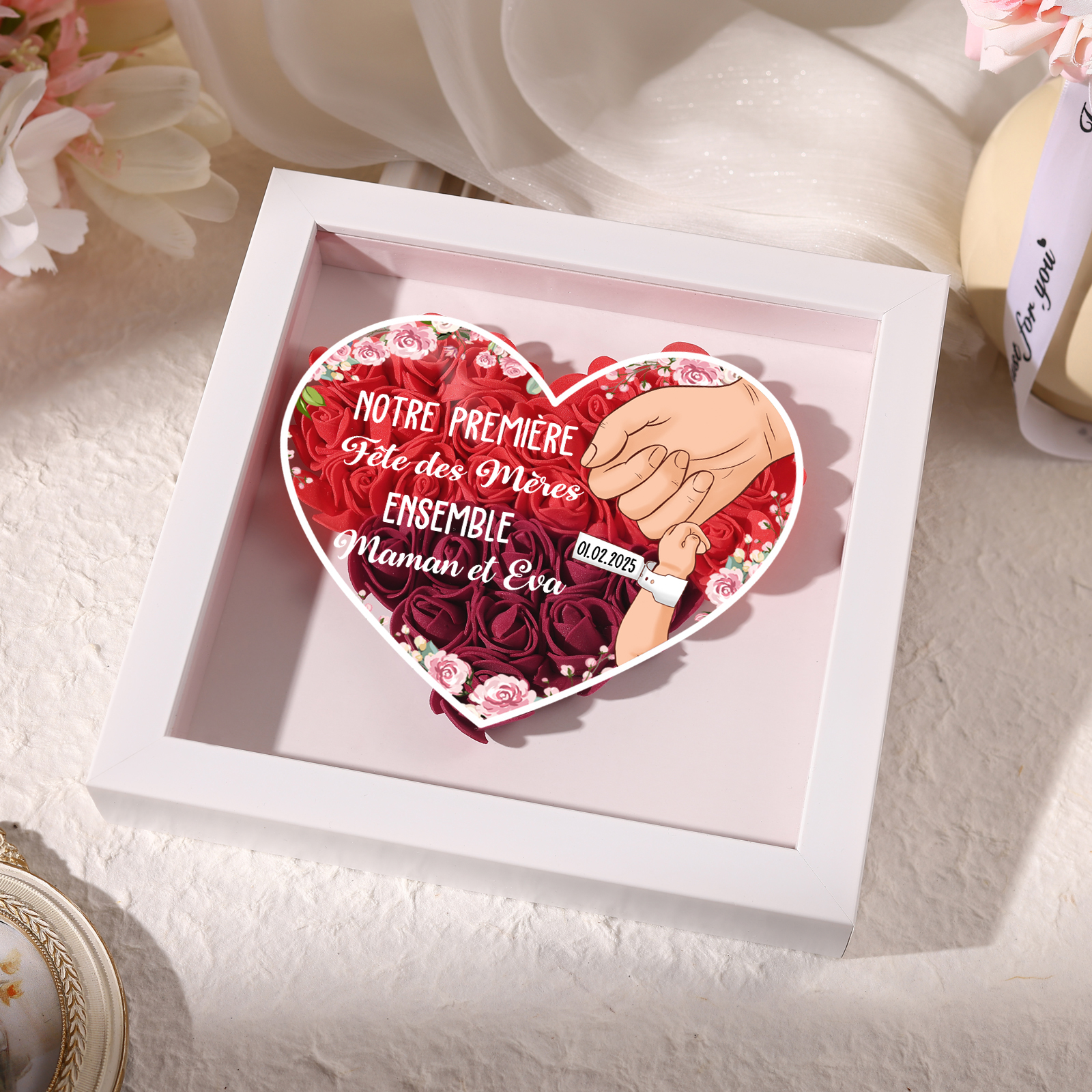 À ma Maman - Cadre photo Panneau de densité la main dans la main avec 1 Texte et 1 Date Personnalisés Ornements Floral pour Famille