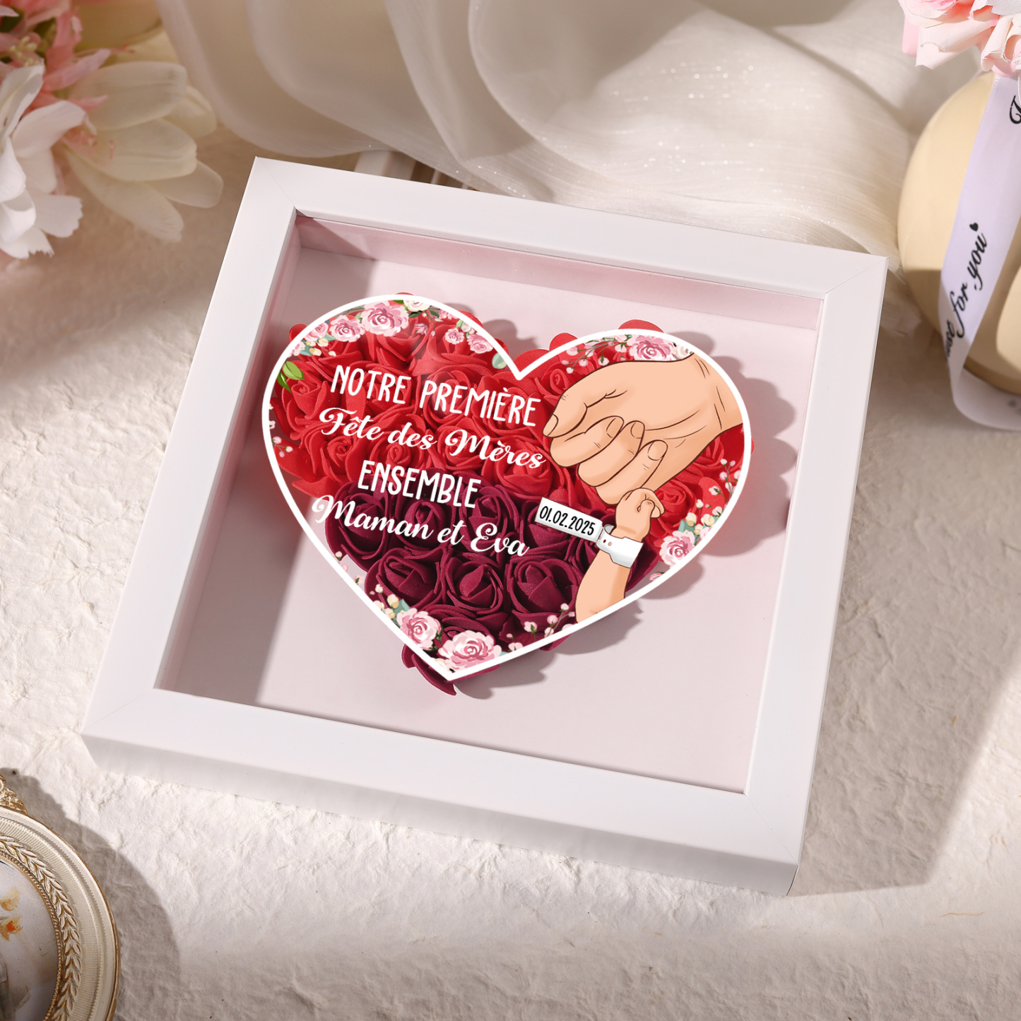 À ma Maman - Cadre photo Panneau de densité la main dans la main avec 1 Texte et 1 Date Personnalisés Ornements Floral pour Famille