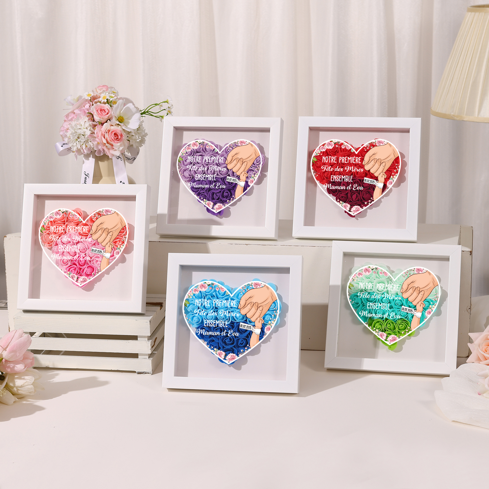 À ma Maman - Cadre photo Panneau de densité la main dans la main avec 1 Texte et 1 Date Personnalisés Ornements Floral pour Famille