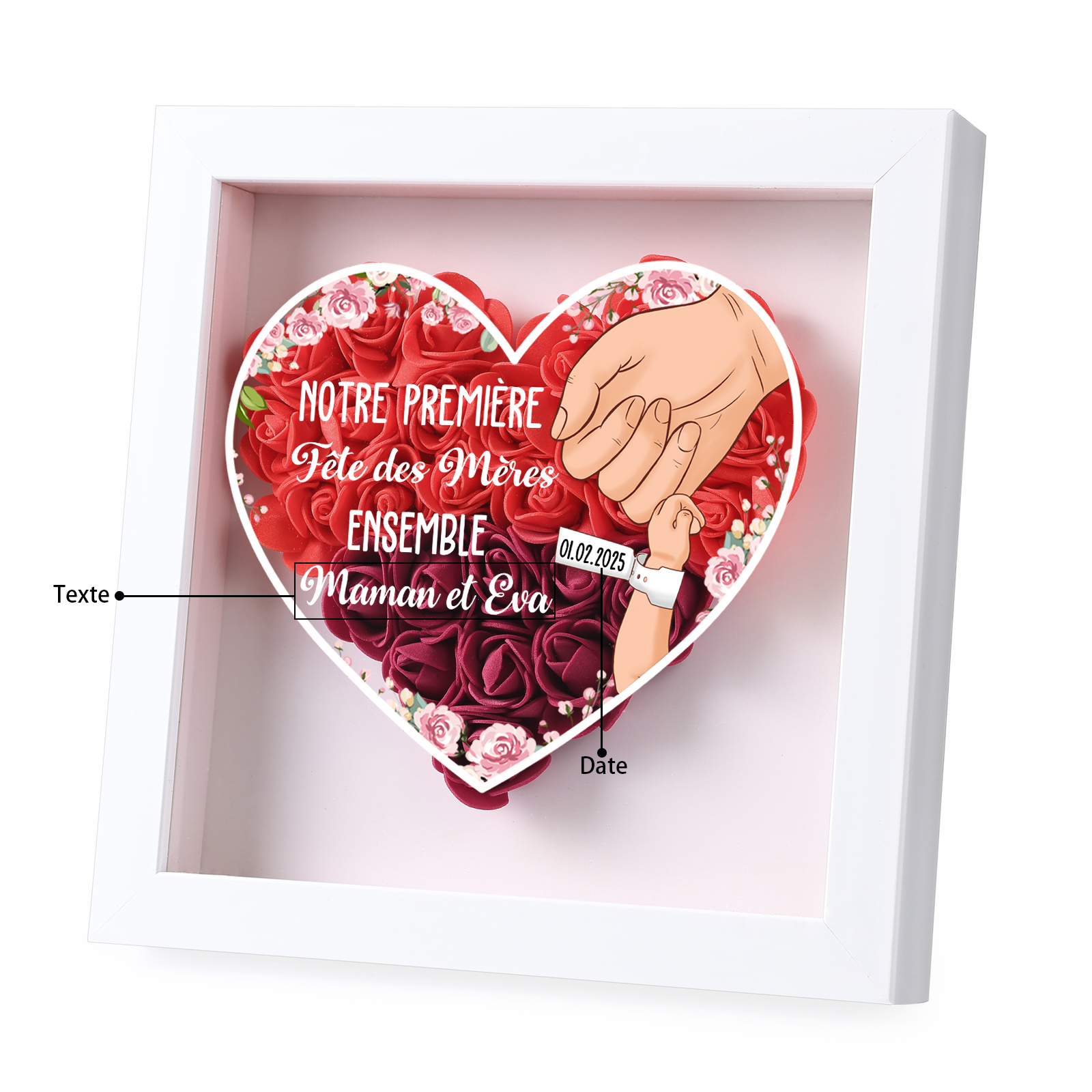 À ma Maman - Cadre photo Panneau de densité la main dans la main avec 1 Texte et 1 Date Personnalisés Ornements Floral pour Famille