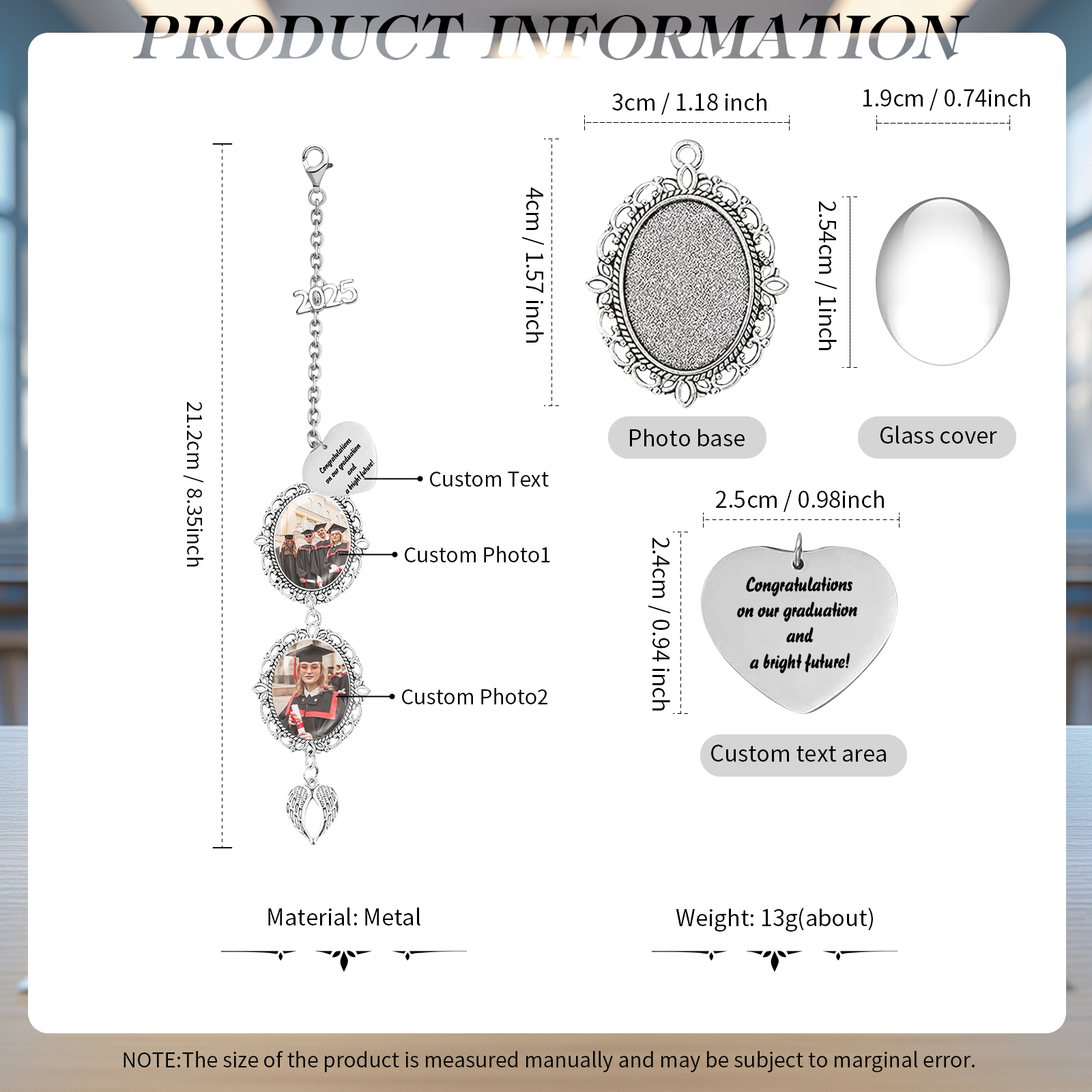 Pendentifs Graduation Personnalisé avec 1 Texte et 2 Photo – Cadeau pour Graduation 2025 | Jessemade