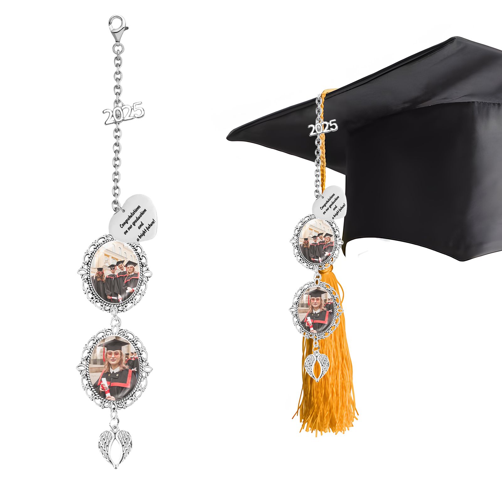 Pendentifs Graduation Personnalisé avec 1 Texte et 2 Photo – Cadeau pour Graduation 2025 | Jessemade