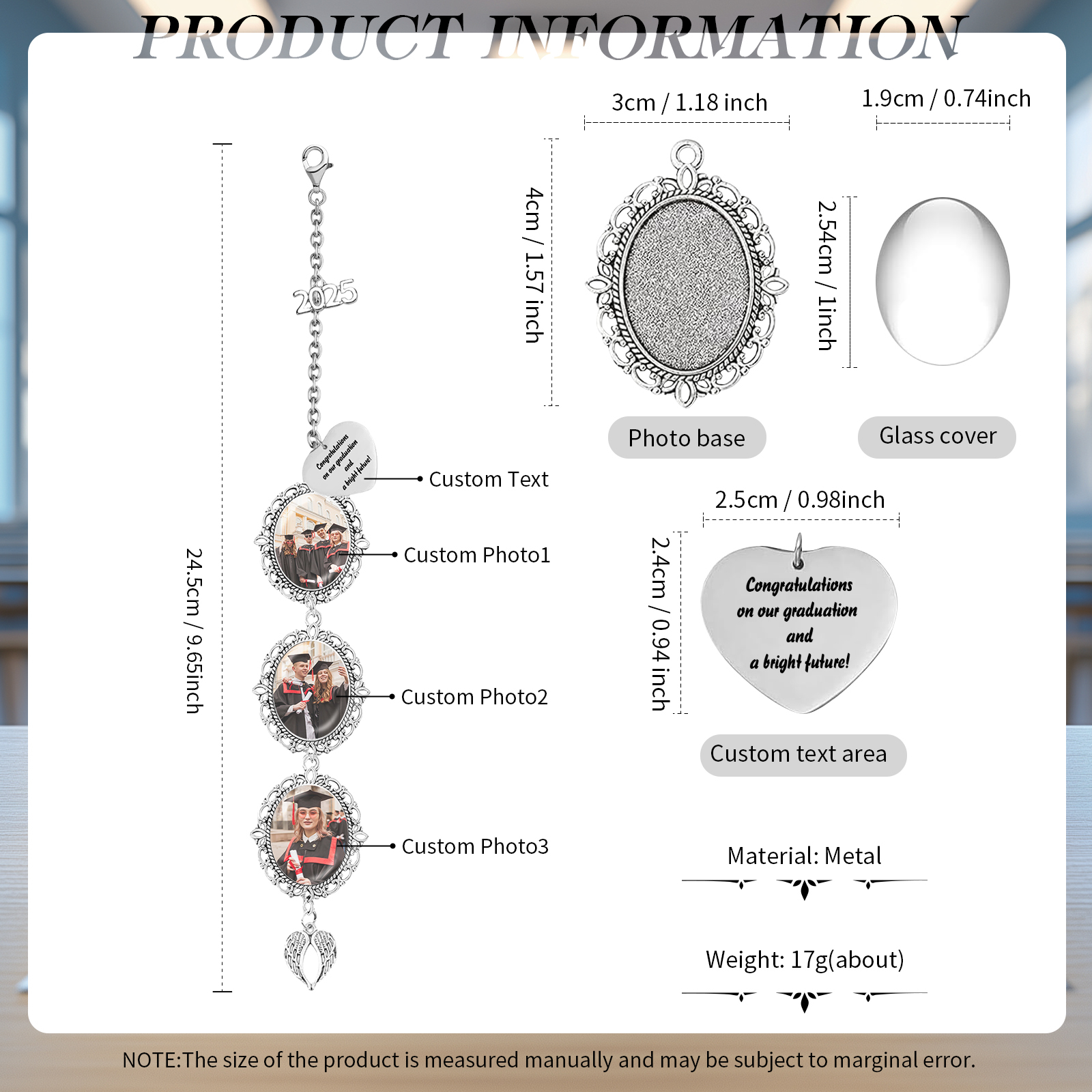 Pendentifs Graduation Personnalisé avec 1 Texte et 3 Photos – Cadeau pour Graduation 2025 | Jessemade