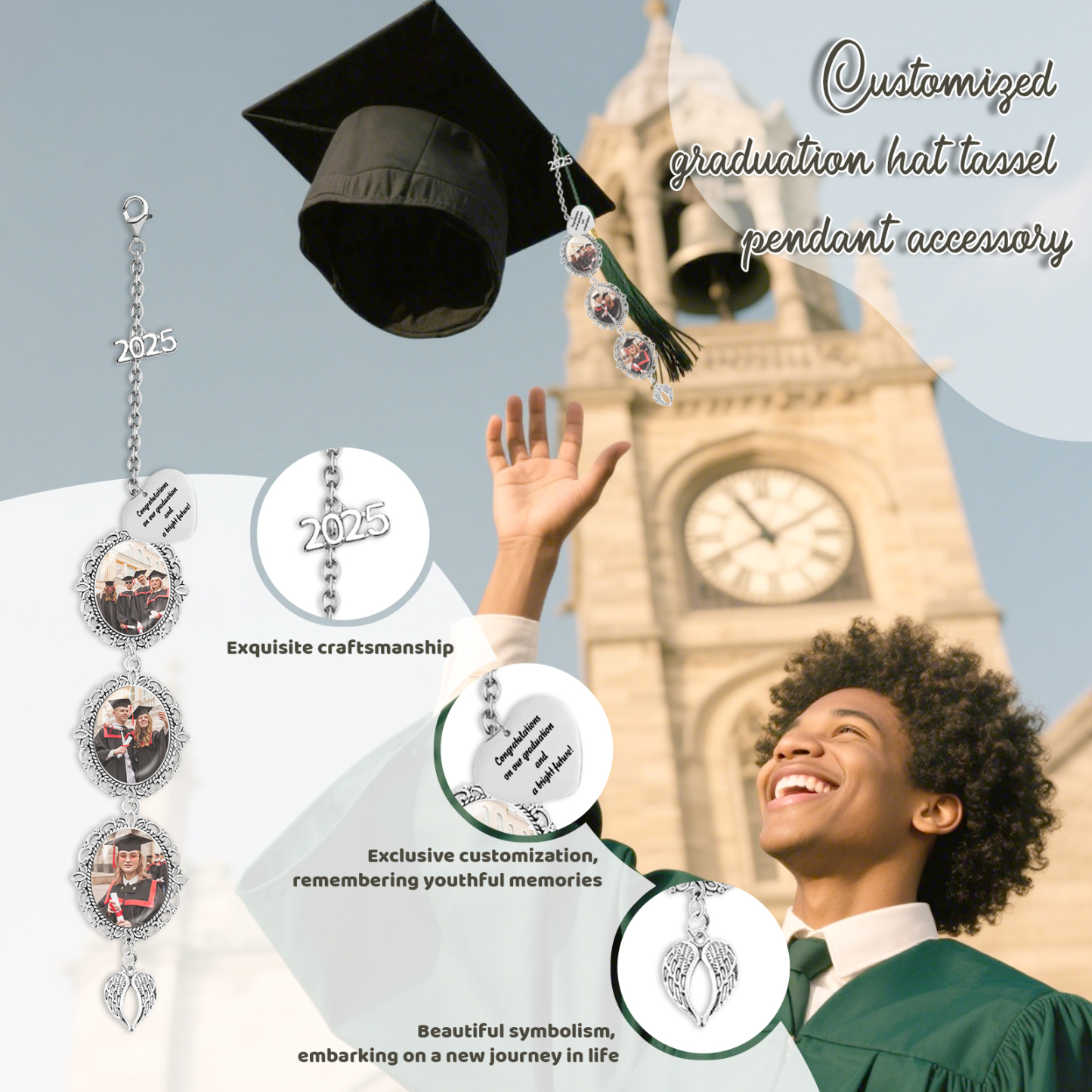 Pendentifs Graduation Personnalisé avec 1 Texte et 3 Photos – Cadeau pour Graduation 2025 | Jessemade