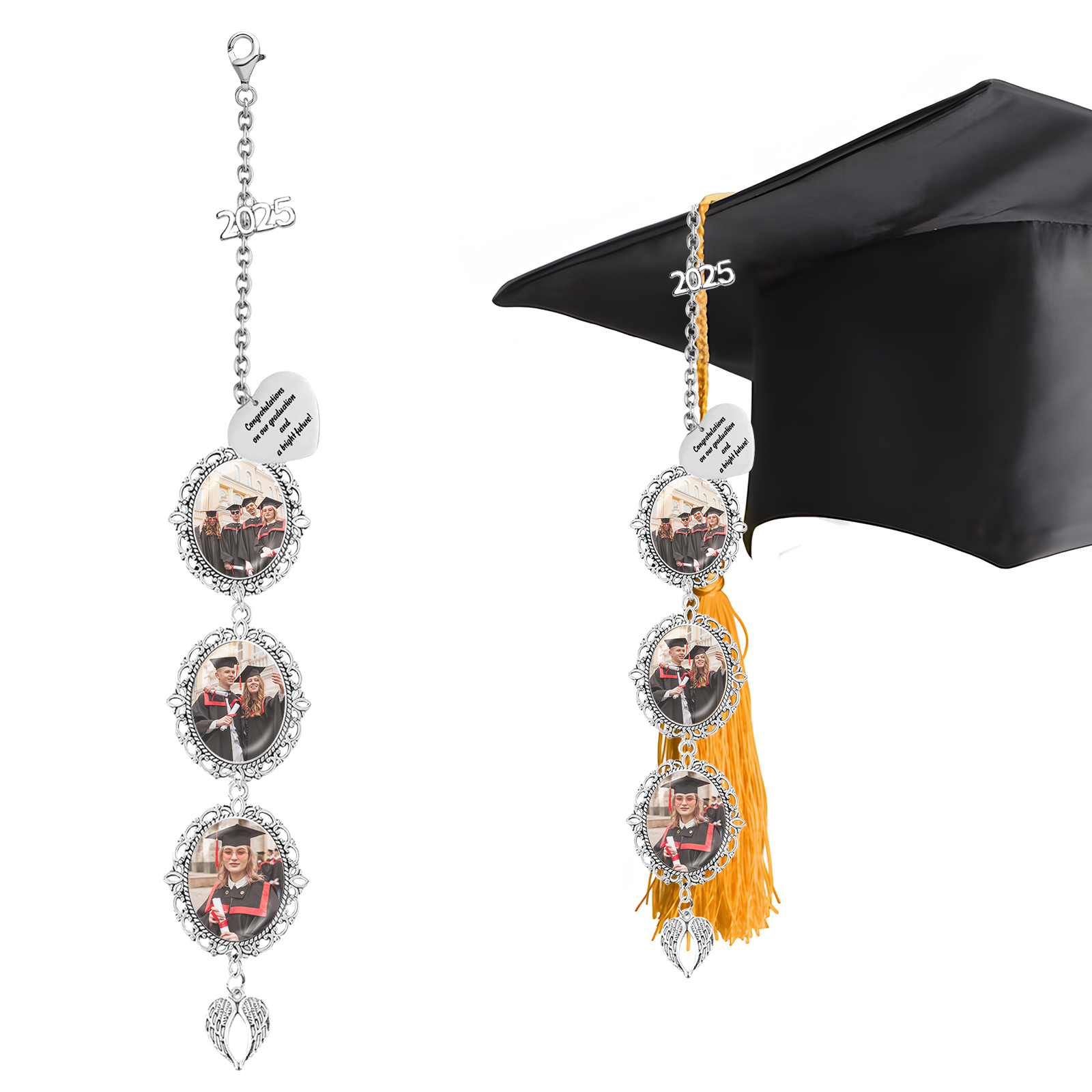 Pendentifs Graduation Personnalisé avec 1 Texte et 3 Photos – Cadeau pour Graduation 2025 | Jessemade