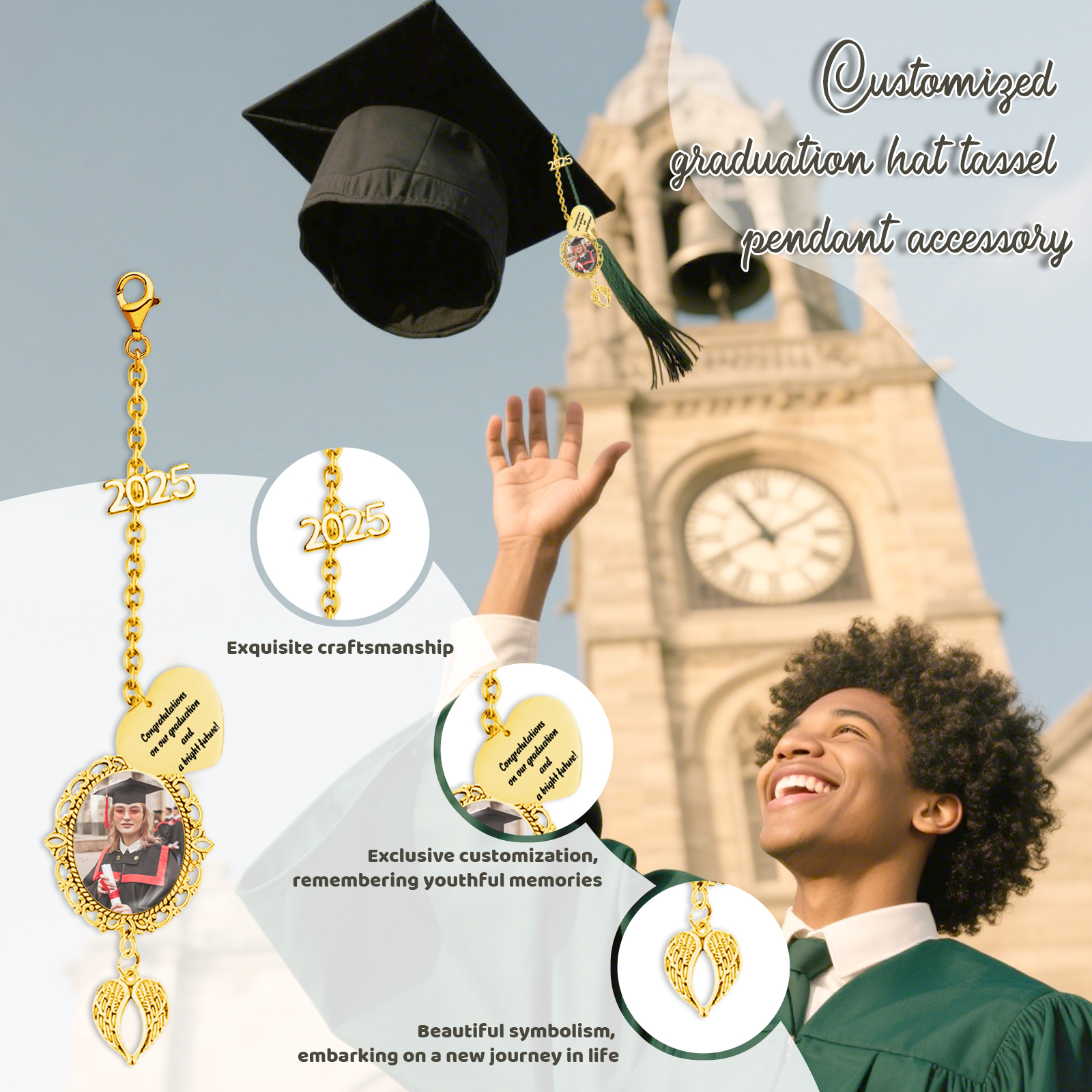 Pendentifs Graduation Personnalisé avec 1 Texte et 1 Photo – Cadeau pour Graduation 2025 | Jessemade