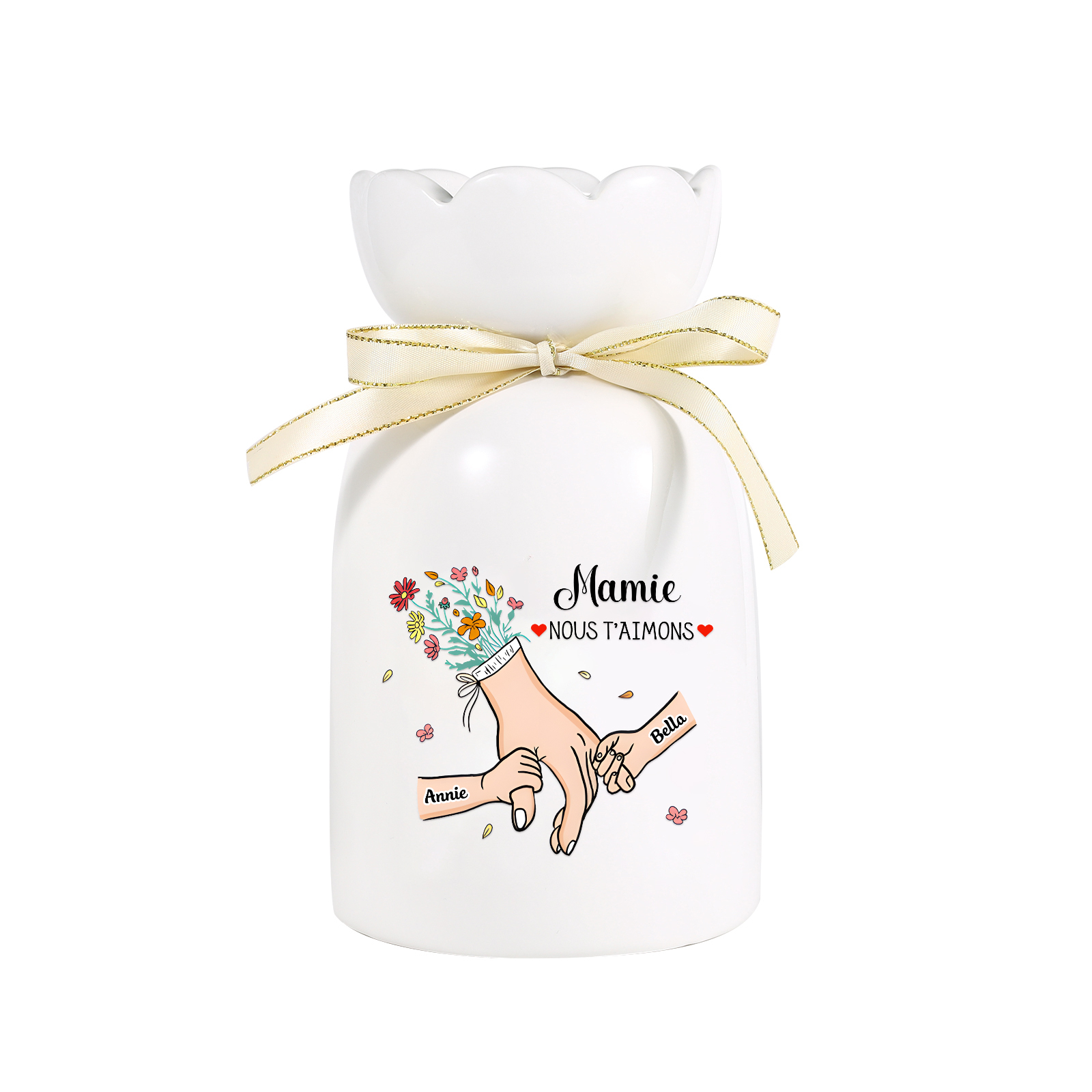 Vase Personnalisé avec 2-6 Prénoms et 2 Tetxes  la Main dans la Main Vase en Céramique (sans fleurs) | Jessemade