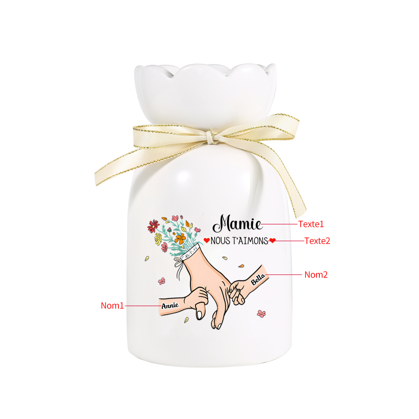Vase Personnalisé avec 2-6 Prénoms et 2 Tetxes  la Main dans la Main Vase en Céramique (sans fleurs) | Jessemade