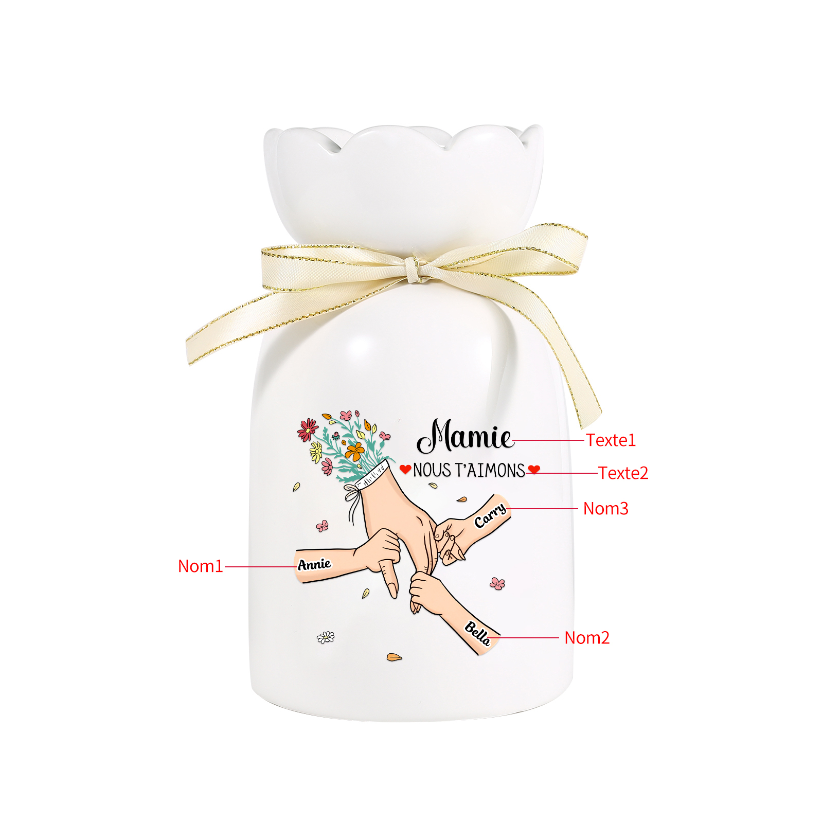 Vase Personnalisé avec 2-6 Prénoms et 2 Tetxes  la Main dans la Main Vase en Céramique (sans fleurs) | Jessemade