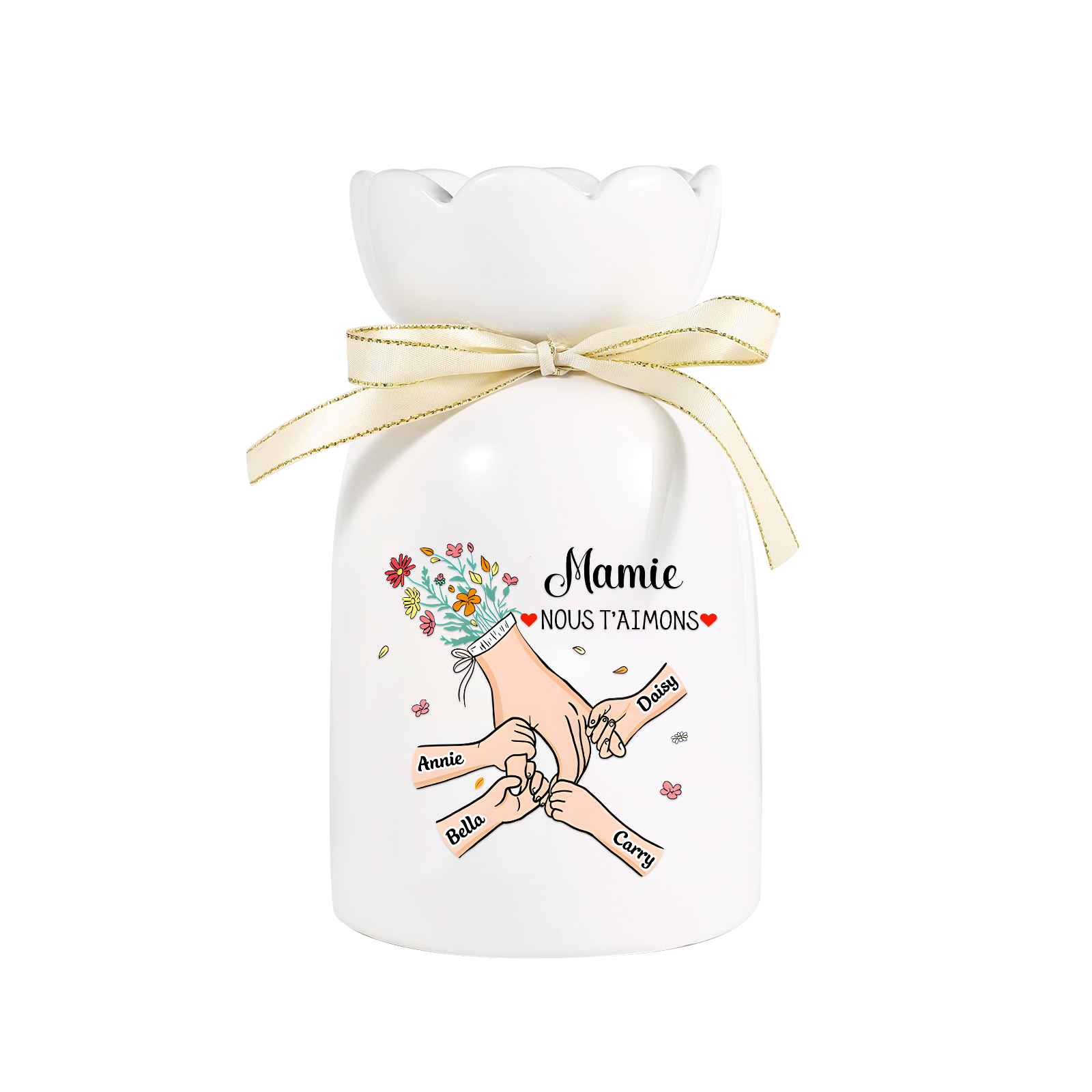 Vase Personnalisé avec 2-6 Prénoms et 2 Tetxes  la Main dans la Main Vase en Céramique (sans fleurs) | Jessemade