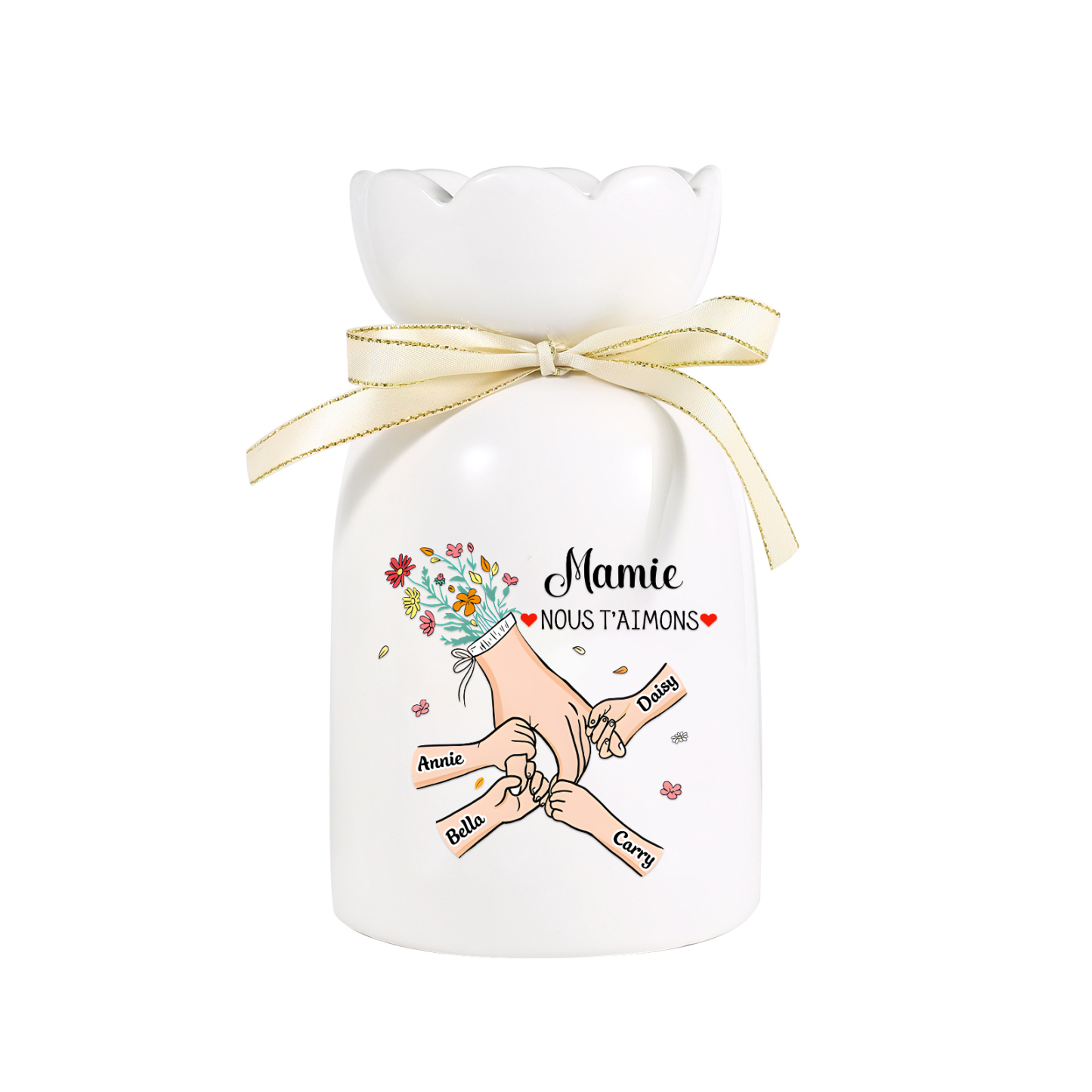 Vase Personnalisé avec 2-6 Prénoms et 2 Tetxes  la Main dans la Main Vase en Céramique (sans fleurs) | Jessemade
