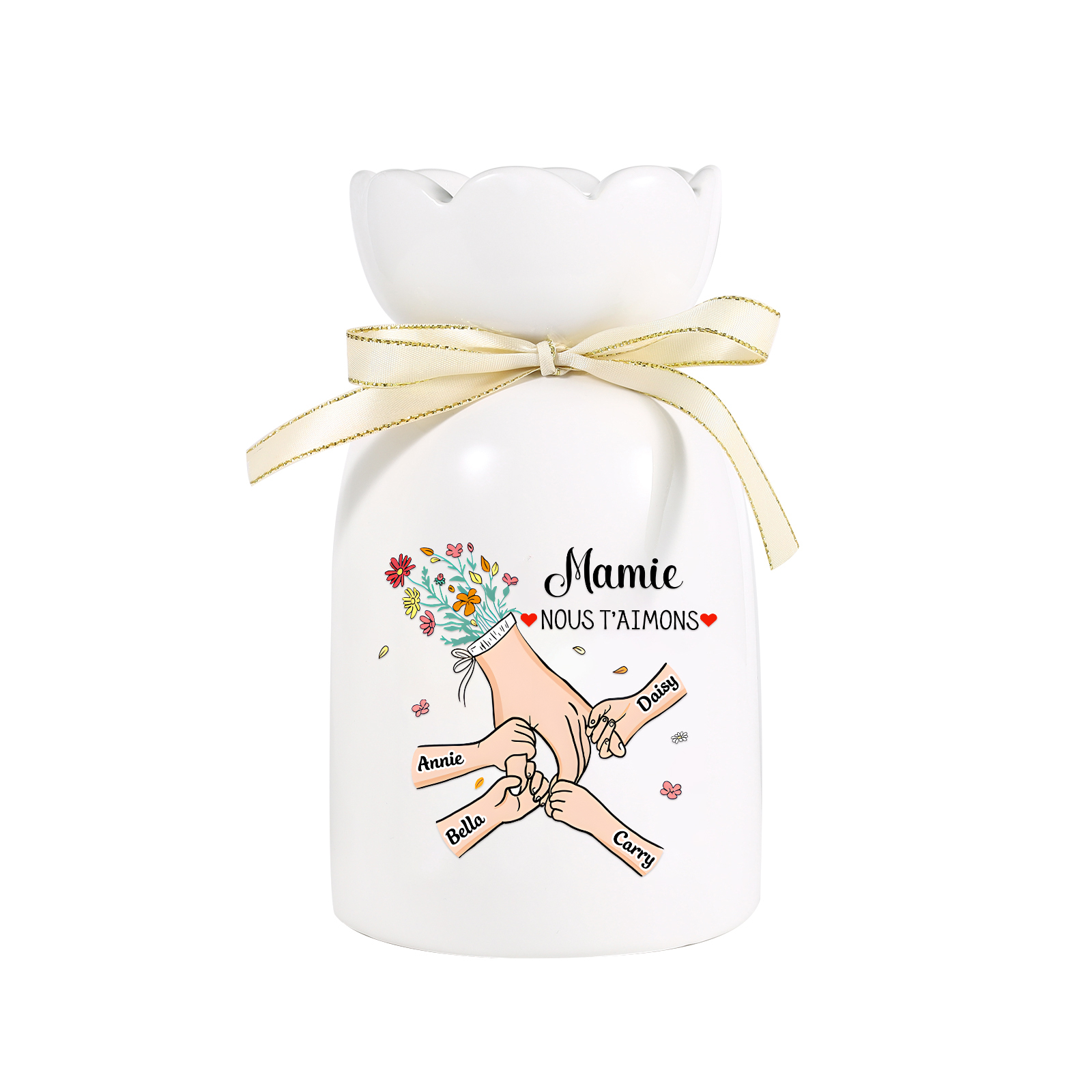 Vase Personnalisé avec 2-6 Prénoms et 2 Tetxes  la Main dans la Main Vase en Céramique (sans fleurs) | Jessemade