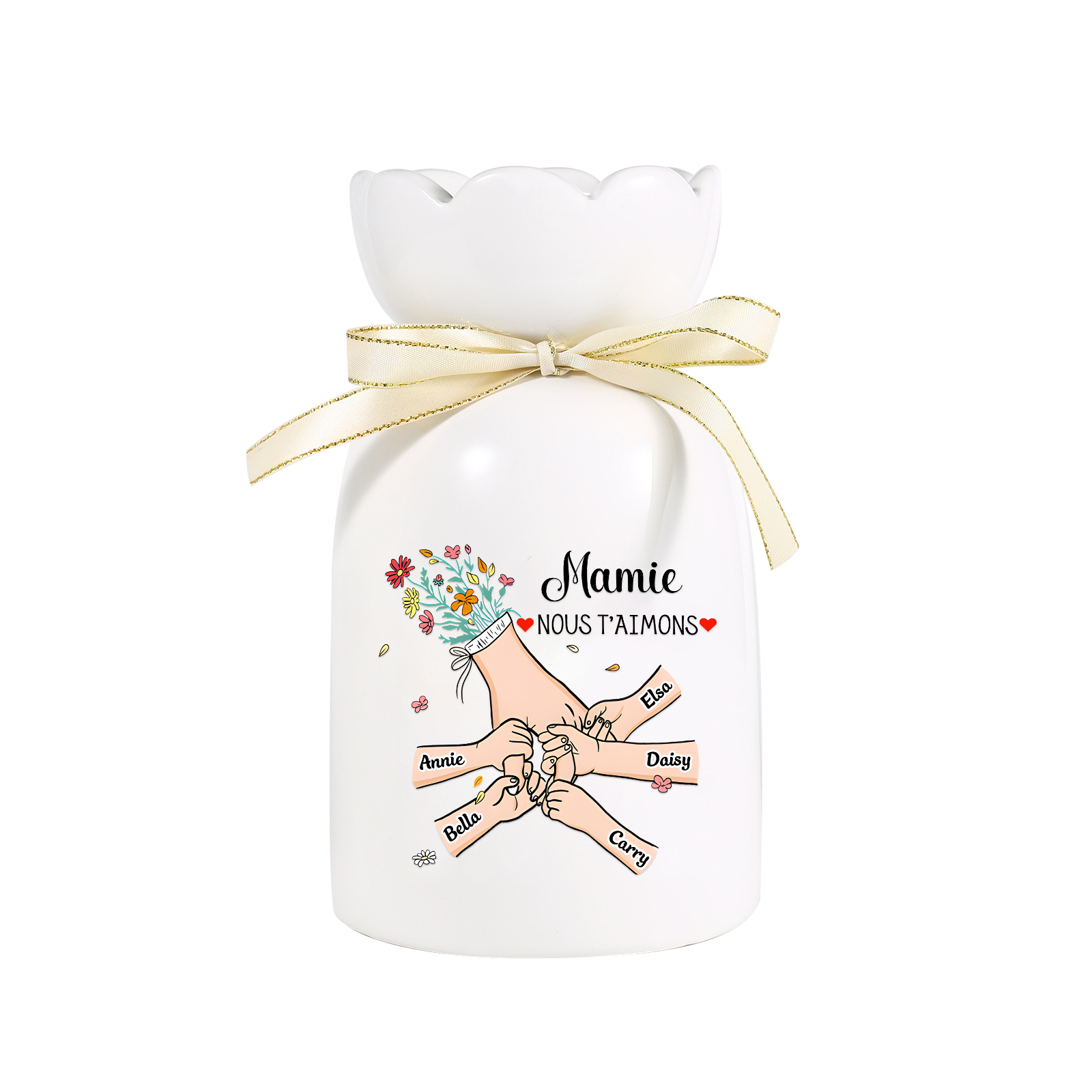 Vase Personnalisé avec 2-6 Prénoms et 2 Tetxes  la Main dans la Main Vase en Céramique (sans fleurs) | Jessemade