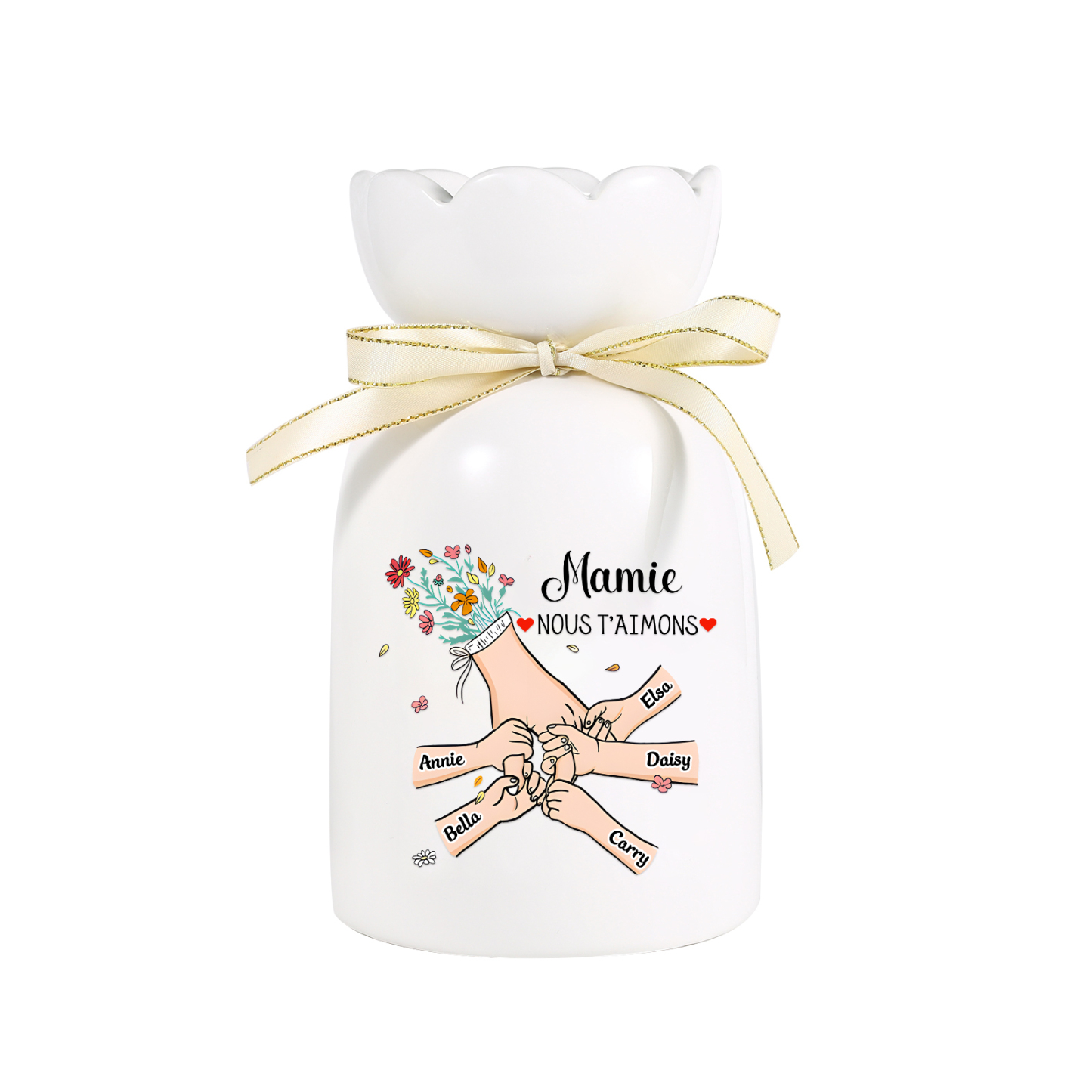 Vase Personnalisé avec 2-6 Prénoms et 2 Tetxes  la Main dans la Main Vase en Céramique (sans fleurs) | Jessemade