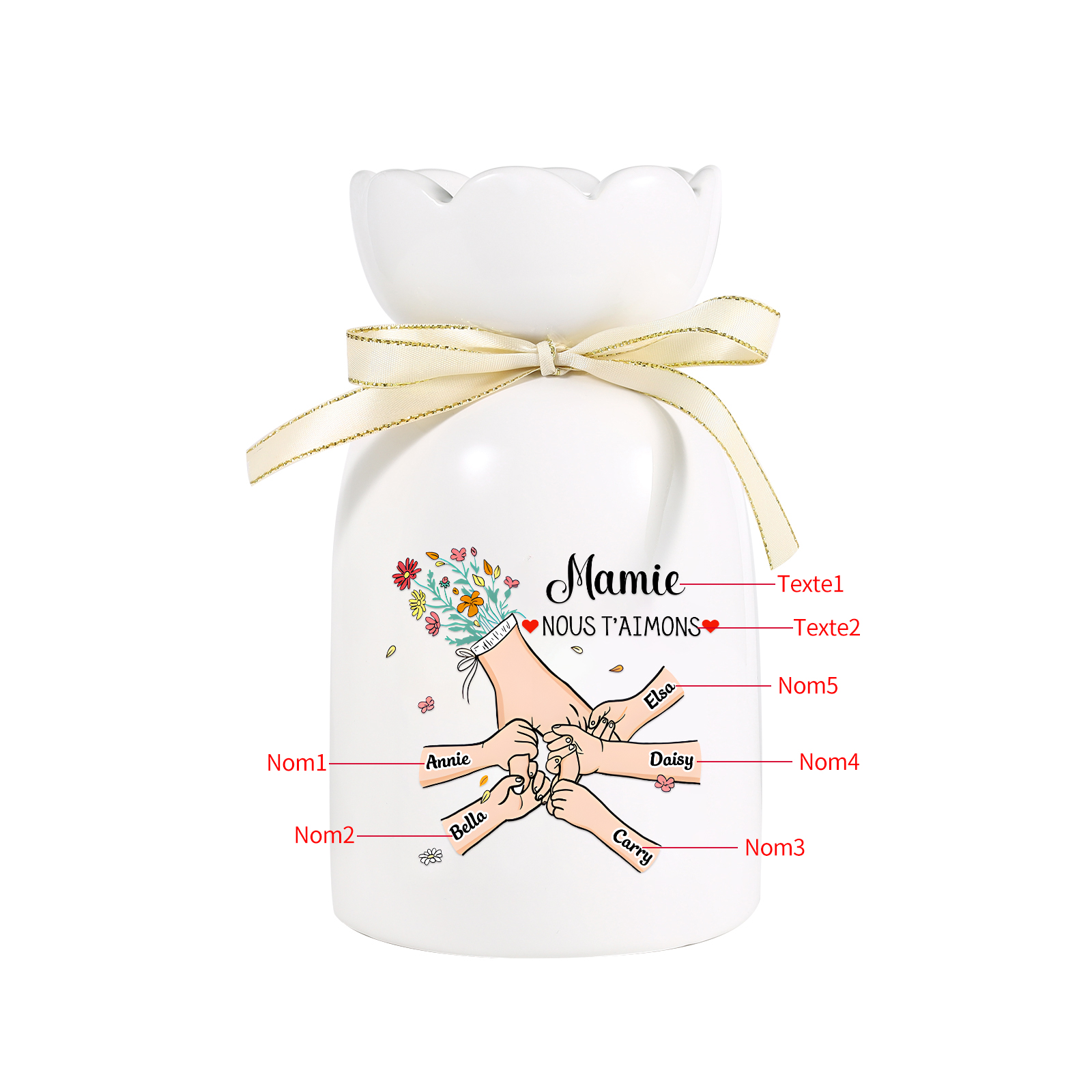 Vase Personnalisé avec 2-6 Prénoms et 2 Tetxes  la Main dans la Main Vase en Céramique (sans fleurs) | Jessemade