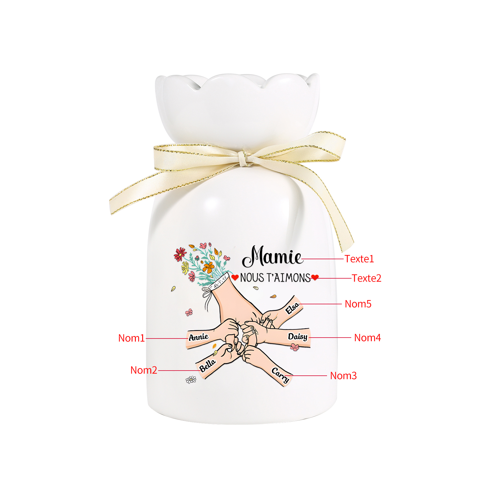 Vase Personnalisé avec 2-6 Prénoms et 2 Tetxes  la Main dans la Main Vase en Céramique (sans fleurs) | Jessemade