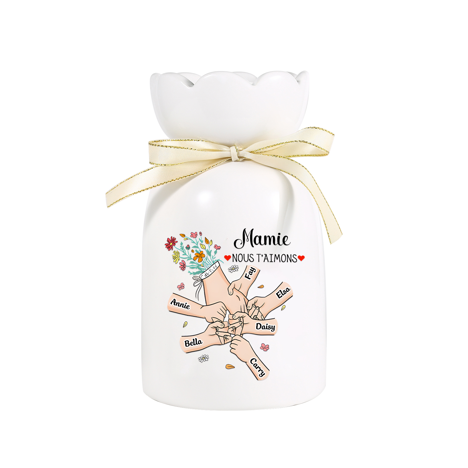 Vase Personnalisé avec 2-6 Prénoms et 2 Tetxes  la Main dans la Main Vase en Céramique (sans fleurs) | Jessemade