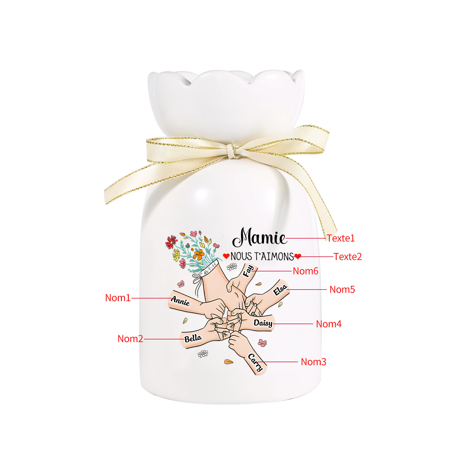 Vase Personnalisé avec 2-6 Prénoms et 2 Tetxes  la Main dans la Main Vase en Céramique (sans fleurs) | Jessemade