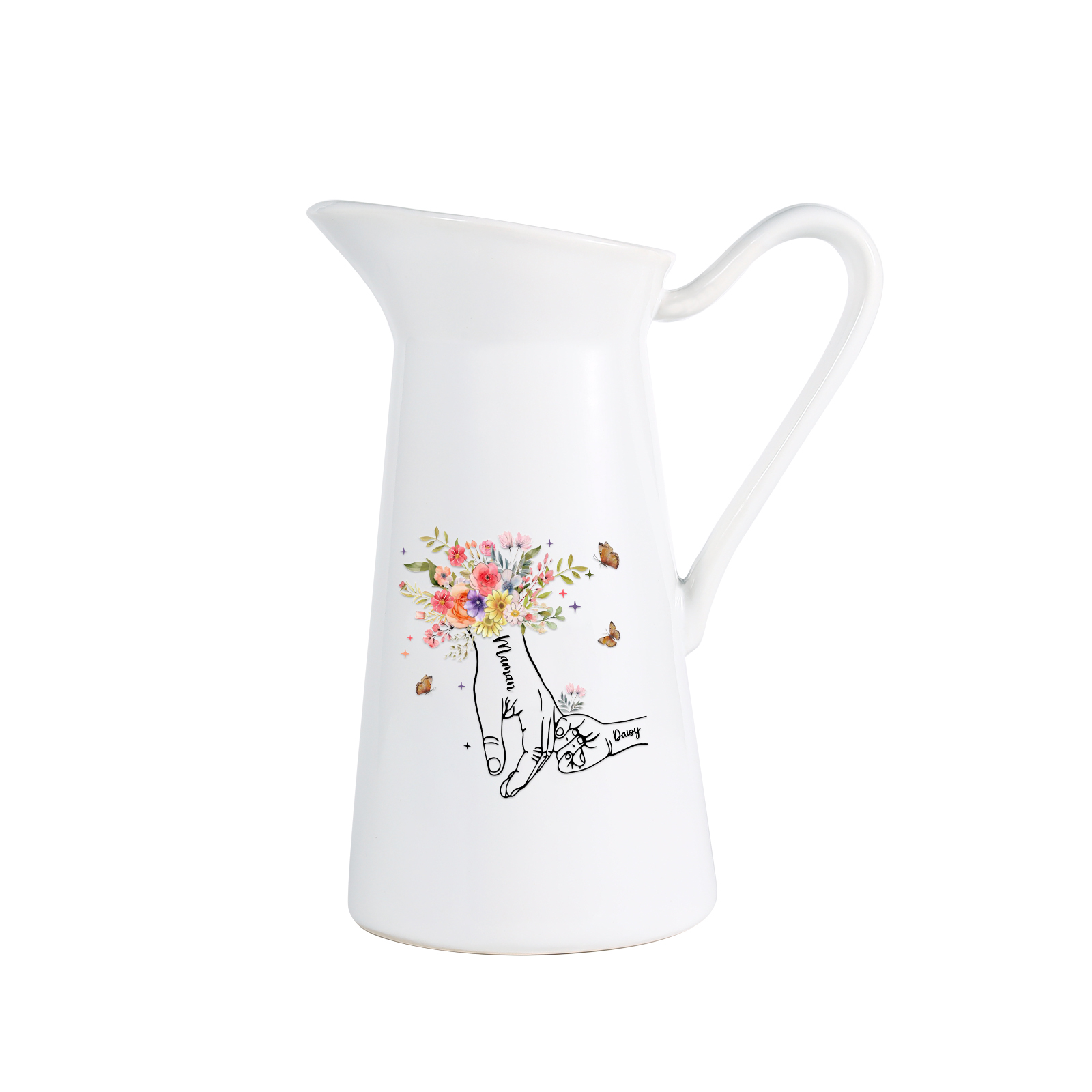 À Maman/Mamie - Vase Personnalisé 2-6 Prénoms Vase la Main dans la Main Forme Pichet en Céramique (sans fleurs) | Jessemade