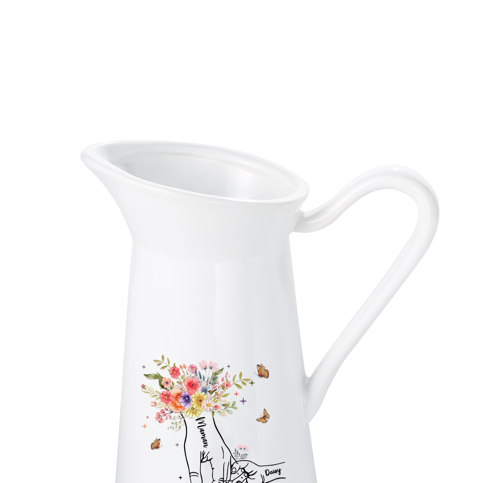 À Maman/Mamie - Vase Personnalisé 2-6 Prénoms Vase la Main dans la Main Forme Pichet en Céramique (sans fleurs) | Jessemade