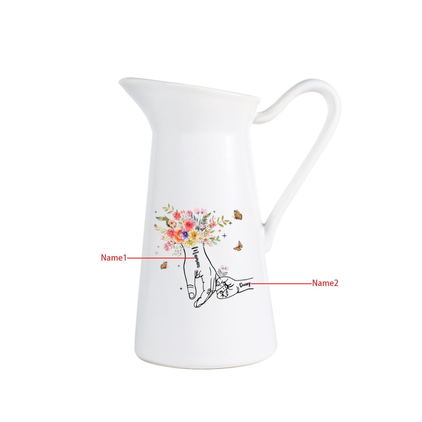 À Maman/Mamie - Vase Personnalisé 2-6 Prénoms Vase la Main dans la Main Forme Pichet en Céramique (sans fleurs) | Jessemade