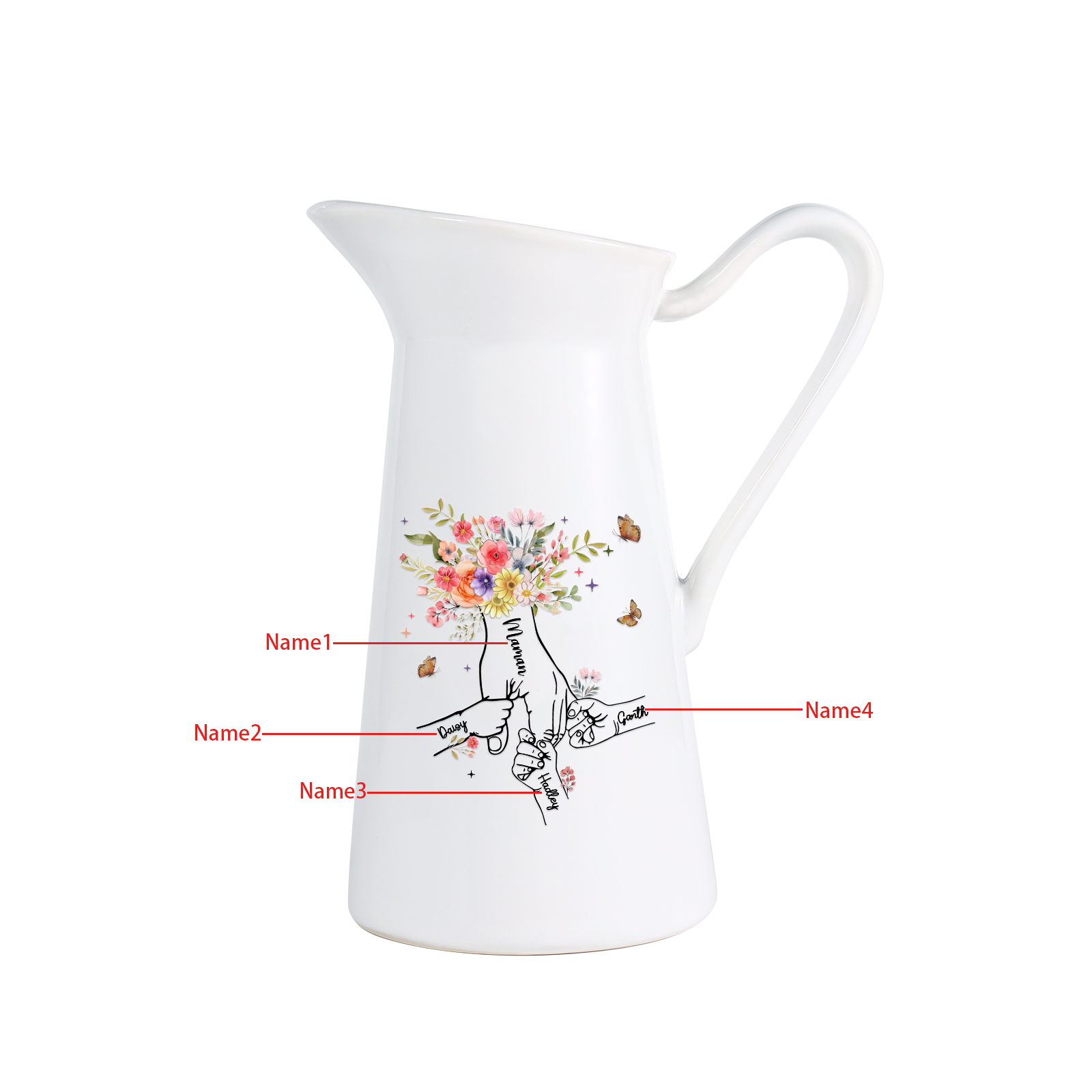 À Maman/Mamie - Vase Personnalisé 2-6 Prénoms Vase la Main dans la Main Forme Pichet en Céramique (sans fleurs) | Jessemade