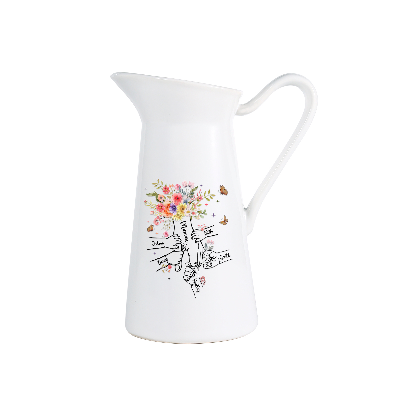 À Maman/Mamie - Vase Personnalisé 2-6 Prénoms Vase la Main dans la Main Forme Pichet en Céramique (sans fleurs) | Jessemade