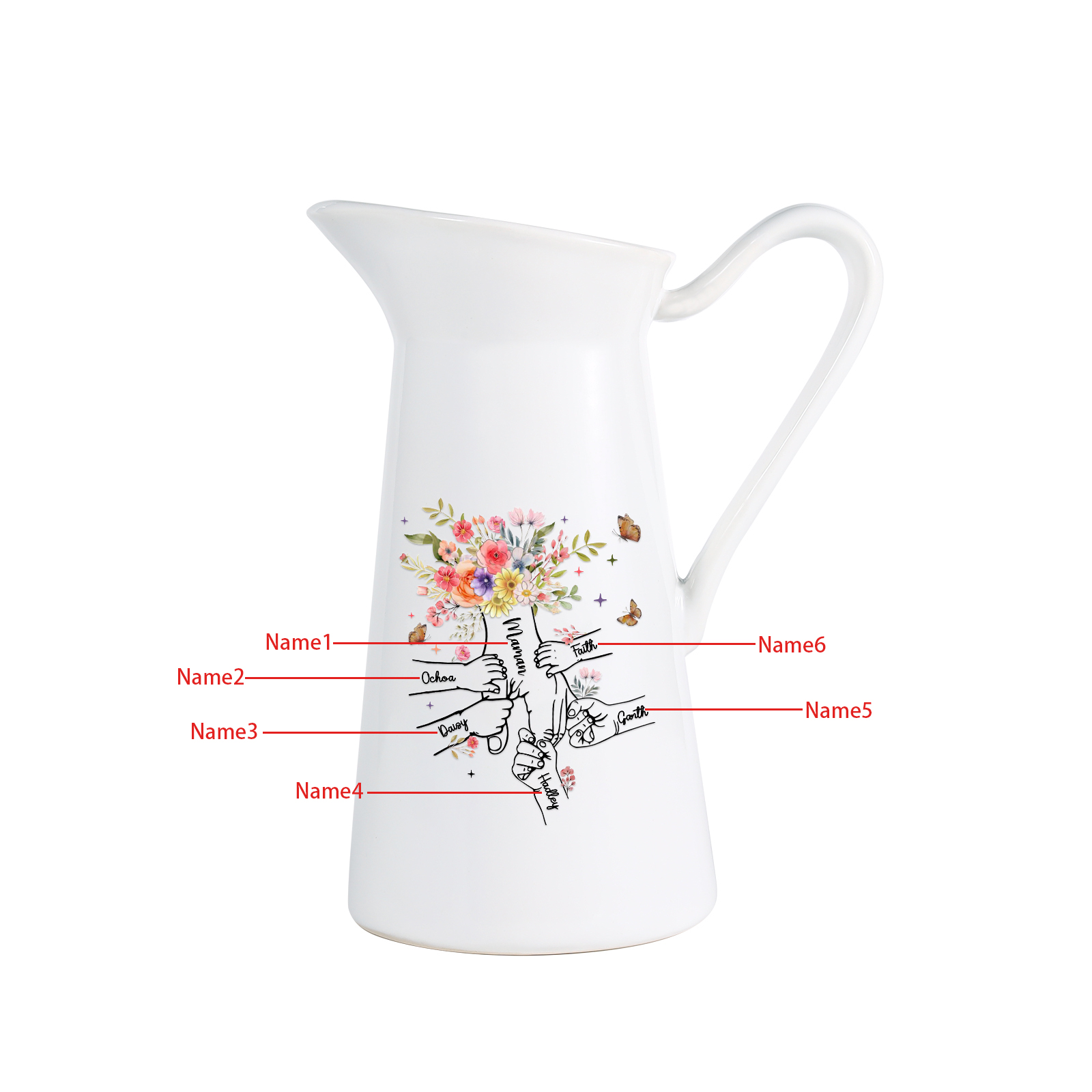 À Maman/Mamie - Vase Personnalisé 2-6 Prénoms Vase la Main dans la Main Forme Pichet en Céramique (sans fleurs) | Jessemade