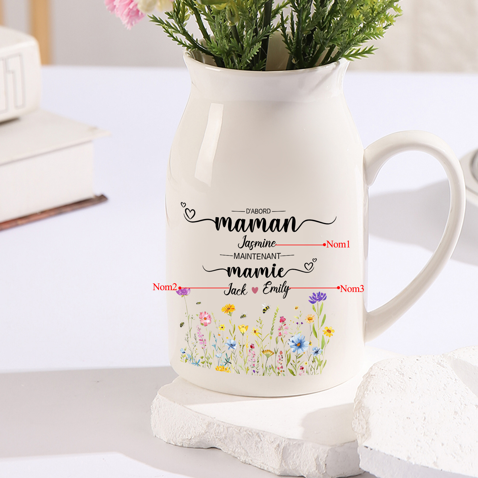 Vase Personnalisé « D’abord maman, maintenant mamie » avec 2-10 Prénoms | Cadeau pour Maman ou Mamie | Jessemade