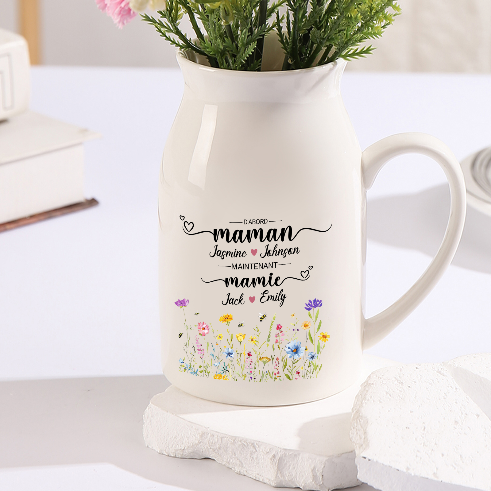 Vase Personnalisé « D’abord maman, maintenant mamie » avec 2-10 Prénoms | Cadeau pour Maman ou Mamie | Jessemade