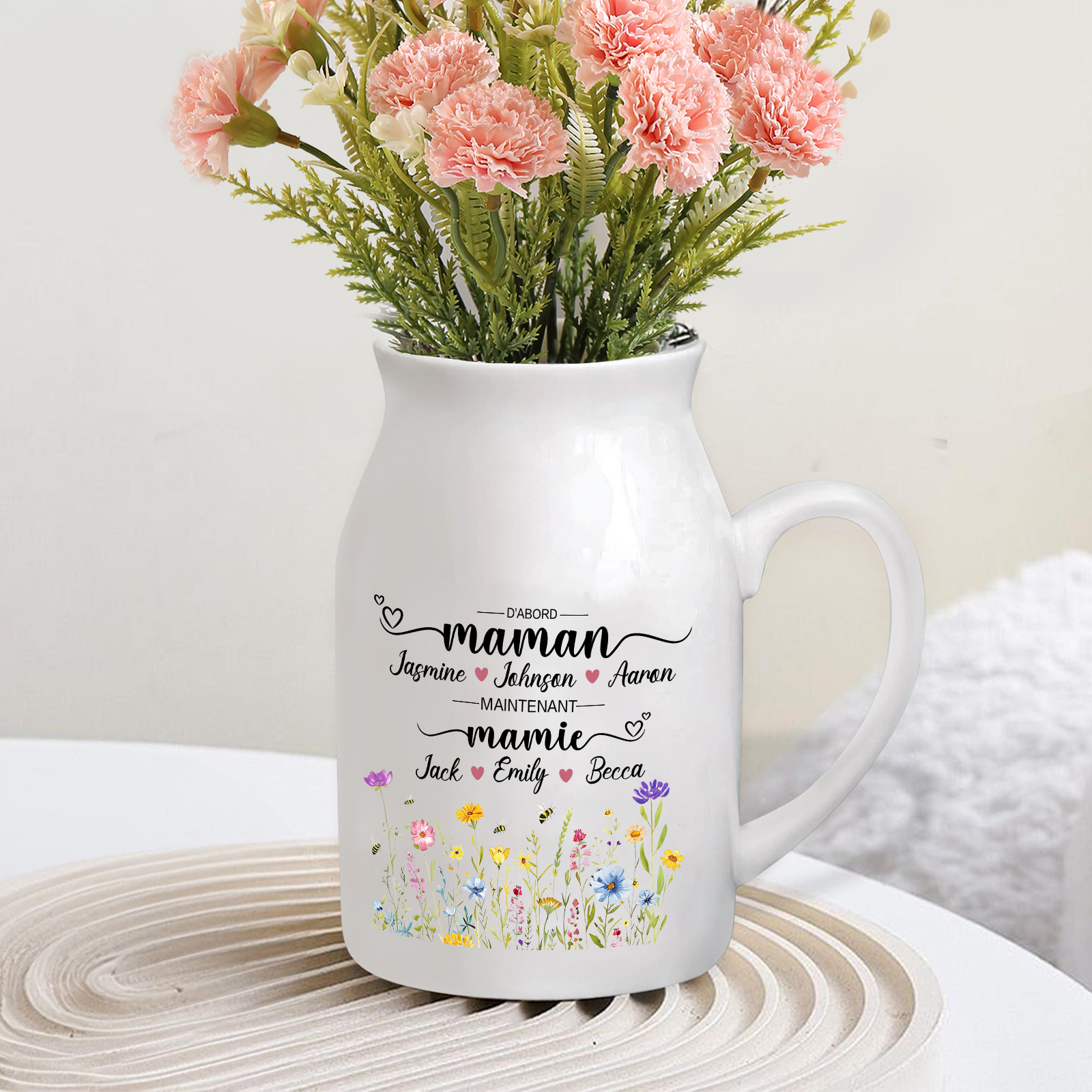 Vase Personnalisé « D’abord maman, maintenant mamie » avec 2-10 Prénoms | Cadeau pour Maman ou Mamie | Jessemade