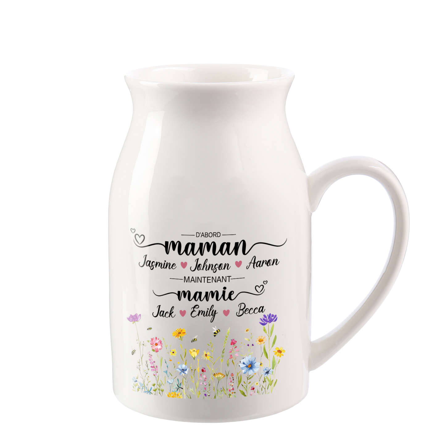 Vase Personnalisé « D’abord maman, maintenant mamie » avec 2-10 Prénoms | Cadeau pour Maman ou Mamie | Jessemade
