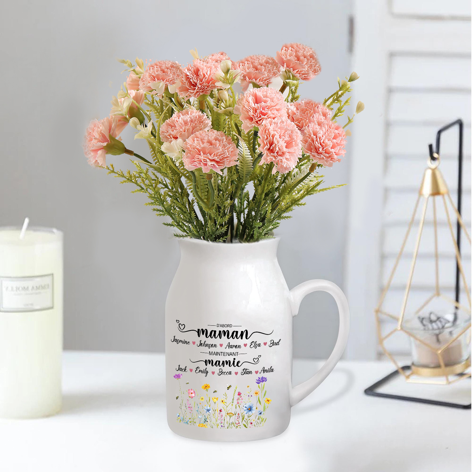 Vase Personnalisé « D’abord maman, maintenant mamie » avec 2-10 Prénoms | Cadeau pour Maman ou Mamie | Jessemade