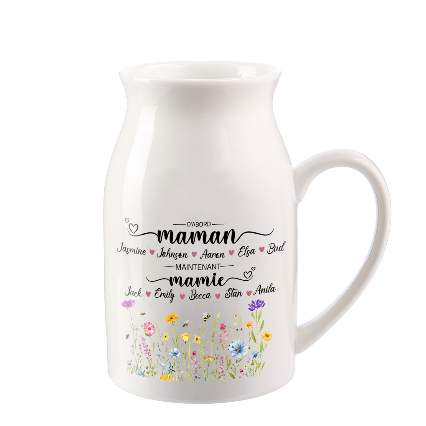 Vase Personnalisé « D’abord maman, maintenant mamie » avec 2-10 Prénoms | Cadeau pour Maman ou Mamie | Jessemade