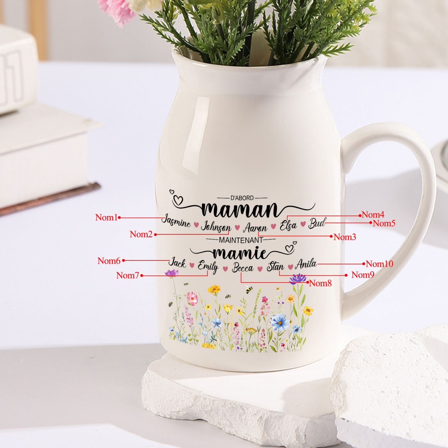 Vase Personnalisé « D’abord maman, maintenant mamie » avec 2-10 Prénoms | Cadeau pour Maman ou Mamie | Jessemade