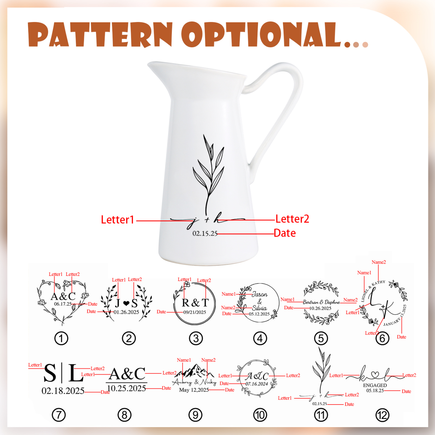 À Maman/Mamie - Vase Pichet en Céramique Personnalisés avec Noms, Date et Initiales – 12 Motifs au Choix | Jessemade