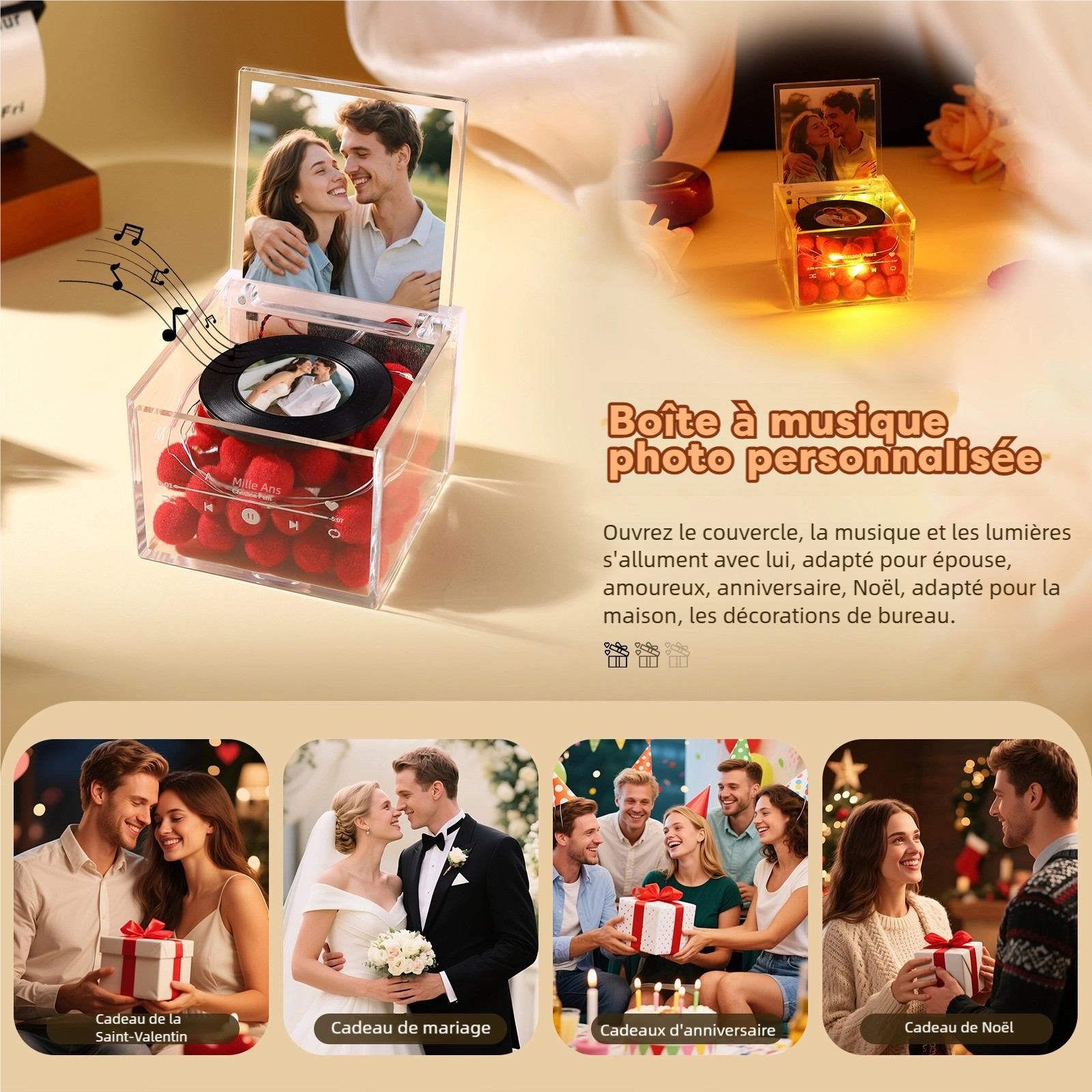 Boîte à musique en Acrylique à LED Personnalisée avec Photo