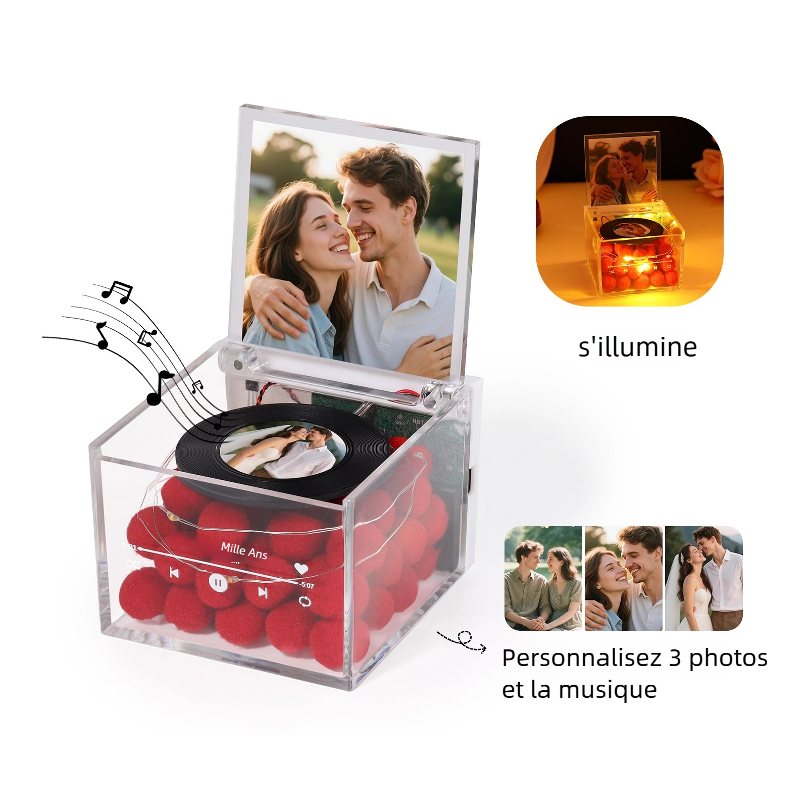 Boîte à musique en Acrylique à LED Personnalisée avec Photo