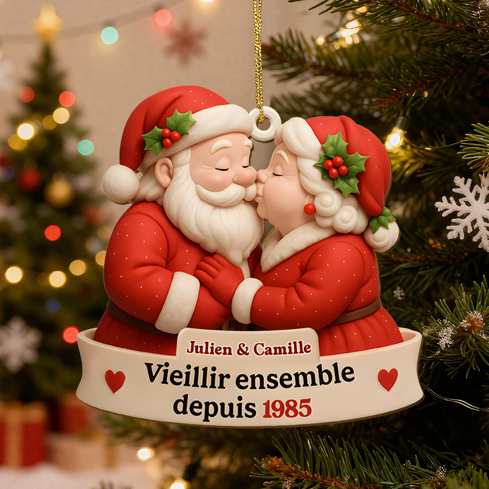 Décoration Sapin Noël Couple - Père Noël et Mère Noël s’embrassant